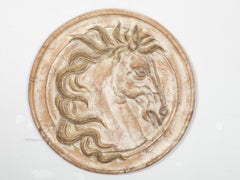 Italian 1930s Painted and Gilt Terracotta Medallion Depicting a Horse's Head