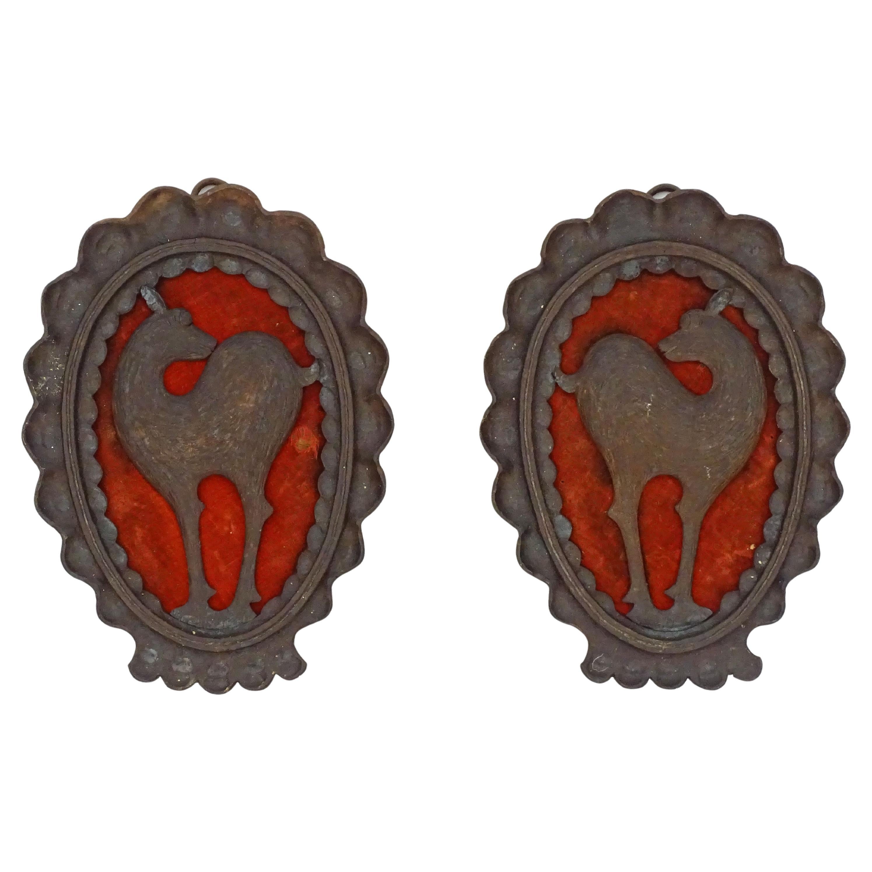 Italian 1930s Pair of Wrought Iron and Velvet Deer Wall Decorations