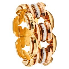 Vintage Italian 1934 Art Deco Geometric Faceted Bracelet In Three Colors Of 18Kt Gold