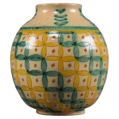 Vase italien en céramique beige, jaune et vert, 1940 