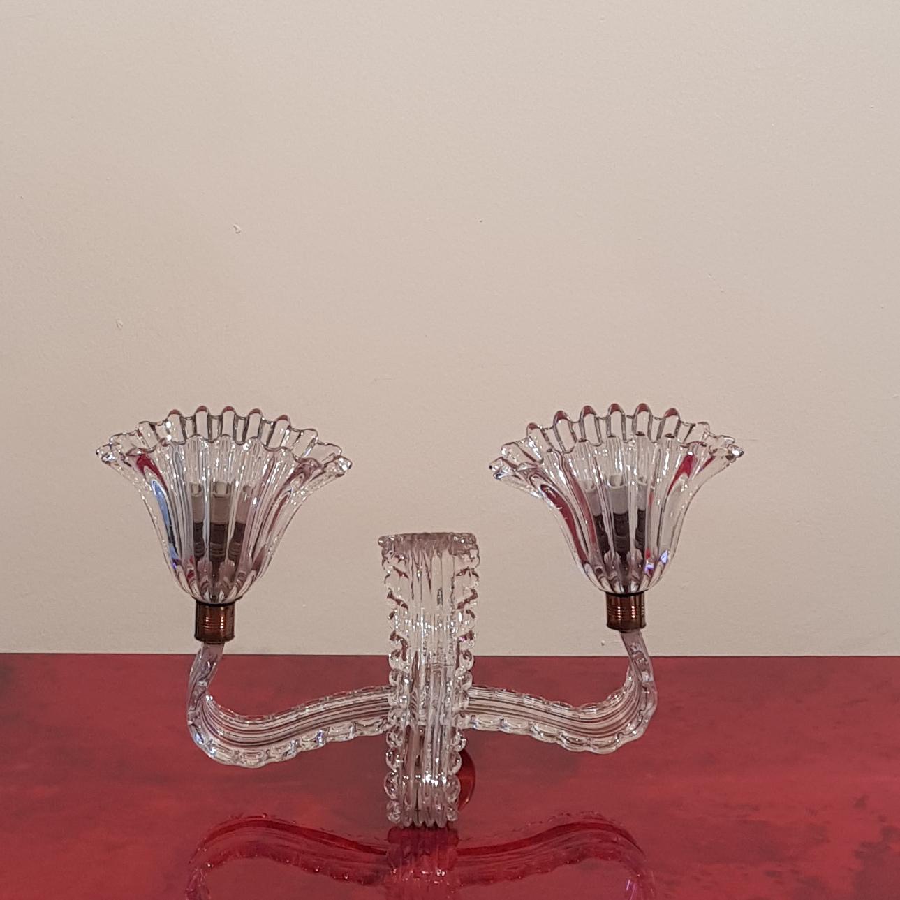 Italian 1940 Glass and Brass Barovier Style Double Lights Wall Sconce 5