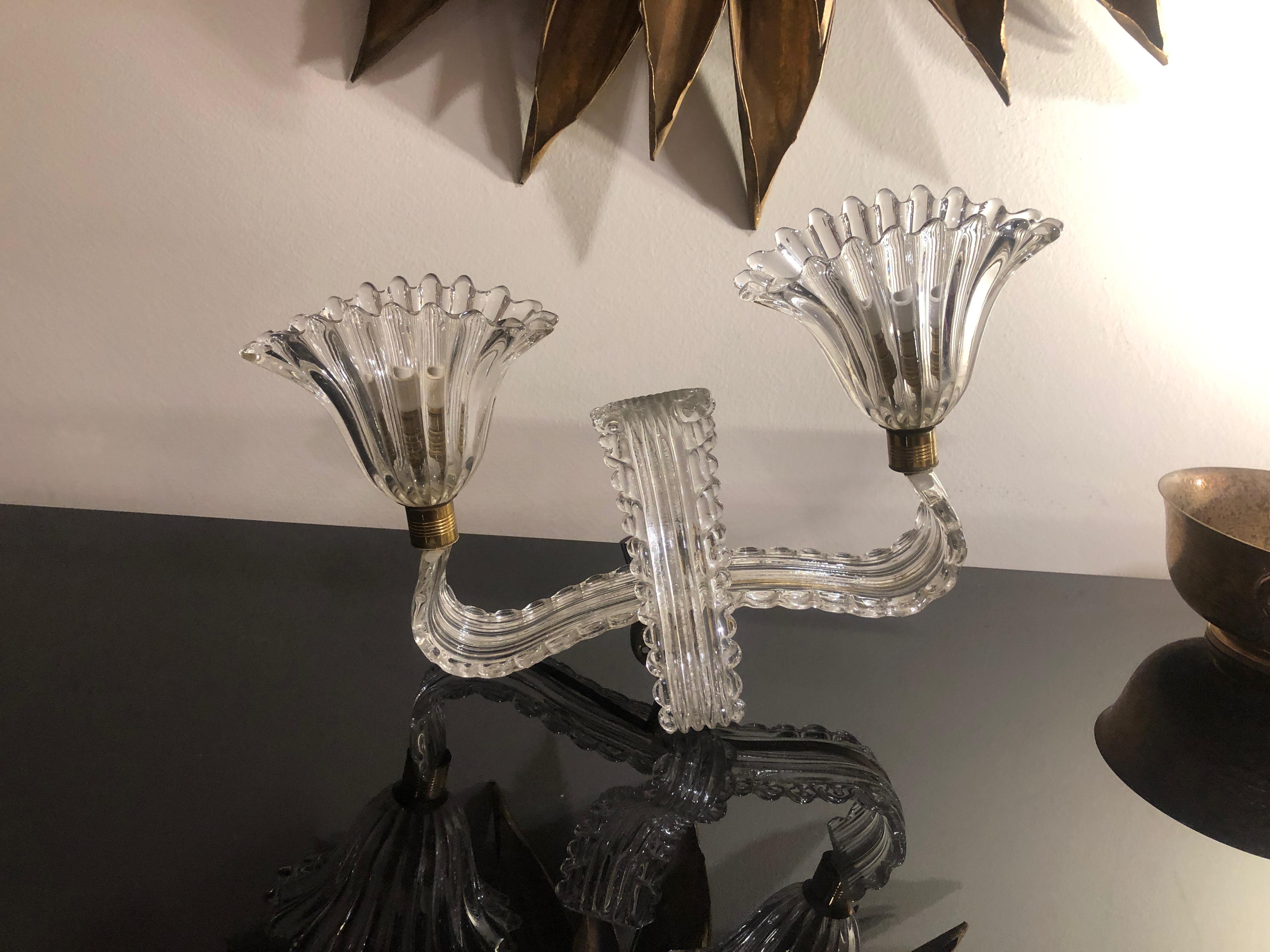 Mid-20th Century Italian 1940 Glass and Brass Barovier Style Double Lights Wall Sconce