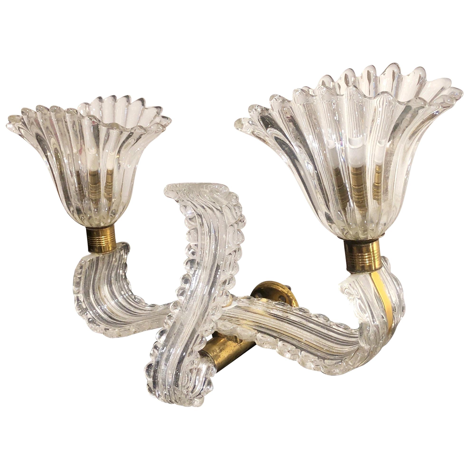 Italian 1940 Glass and Brass Barovier Style Double Lights Wall Sconce