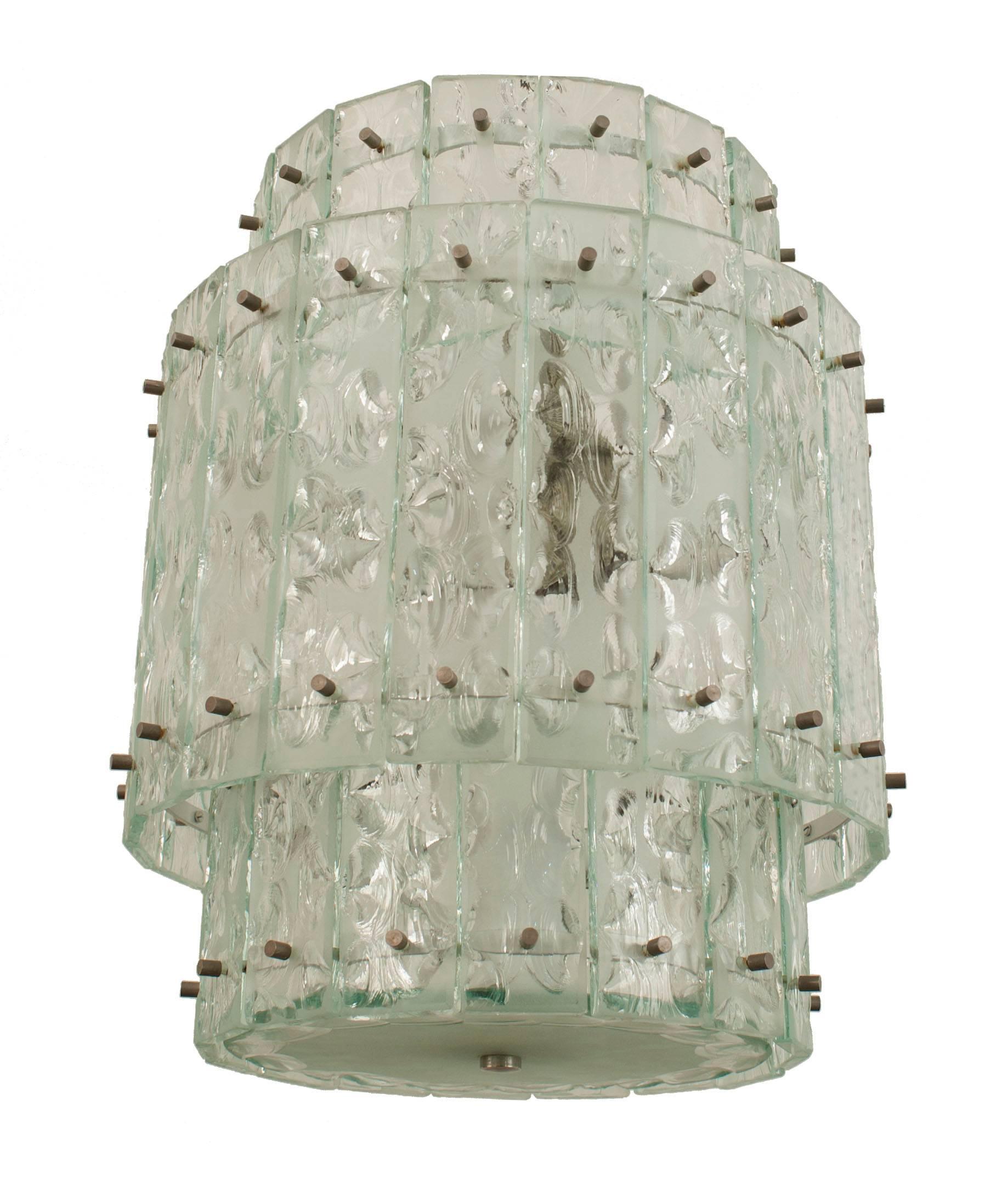 Italian 1940s acid etched and textured glass panel round tiered lantern with a frosted glass round bottom panel.
