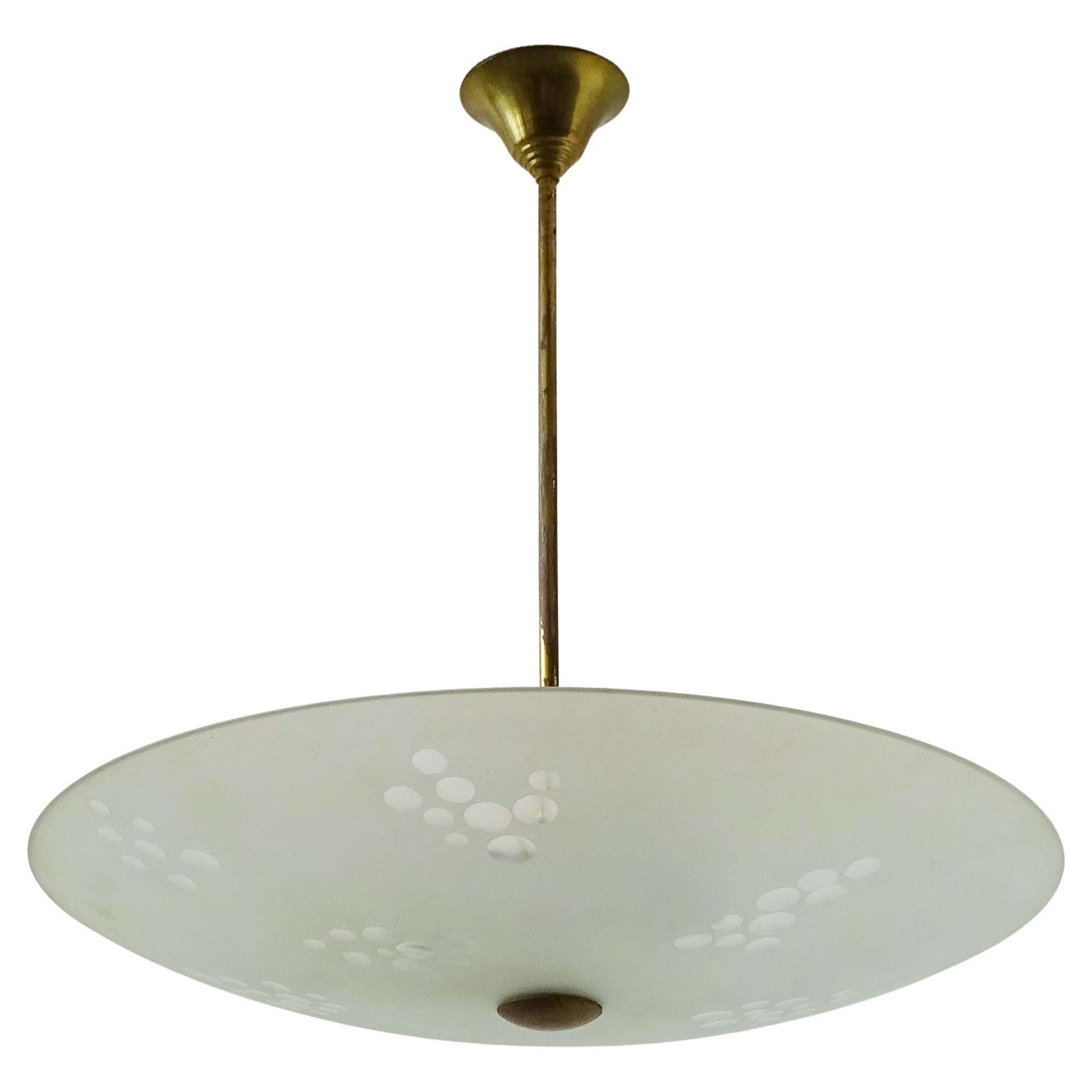 Italian 1940s Acid Etched Glass and Brass Ceiling Lamp