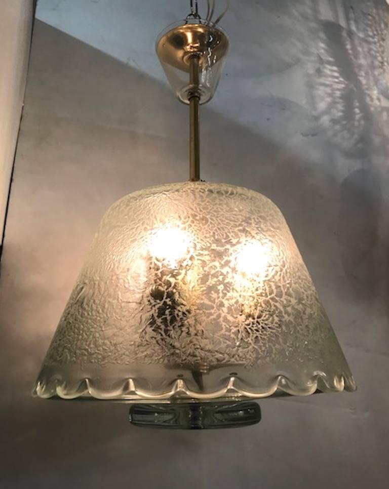 Italian 1940s Acid Etched Glass and Brass Pendant Light 5