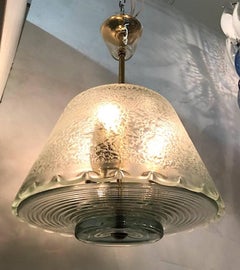 Italian 1940s Acid Etched Glass and Brass Pendant Light