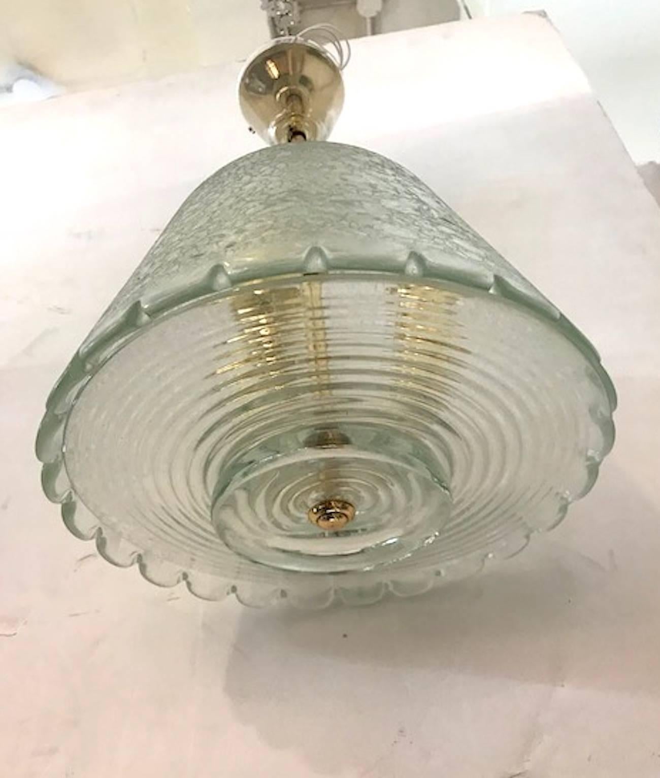 Mid-Century Modern Italian 1940s Acid Etched Glass and Brass Pendant Light