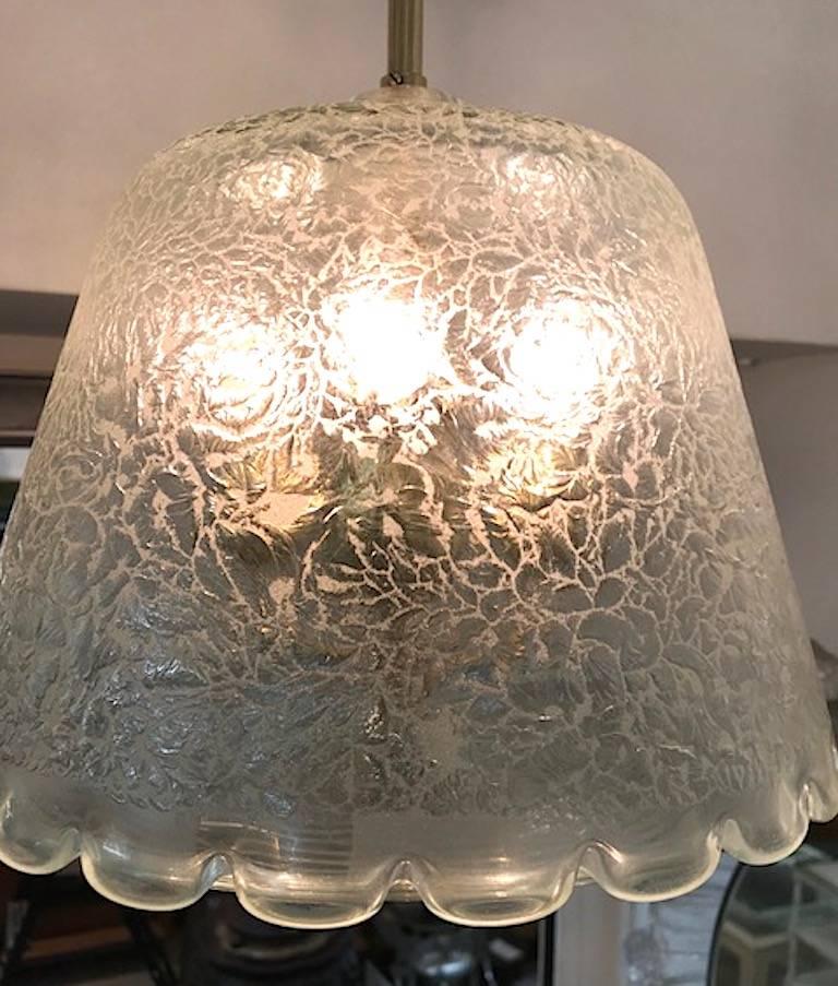 Italian 1940s Acid Etched Glass and Brass Pendant Light In Excellent Condition In New York, NY