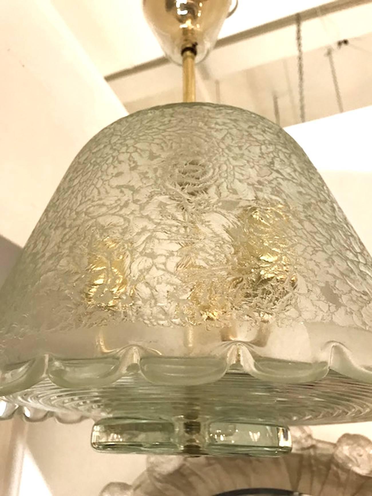 Mid-20th Century Italian 1940s Acid Etched Glass and Brass Pendant Light