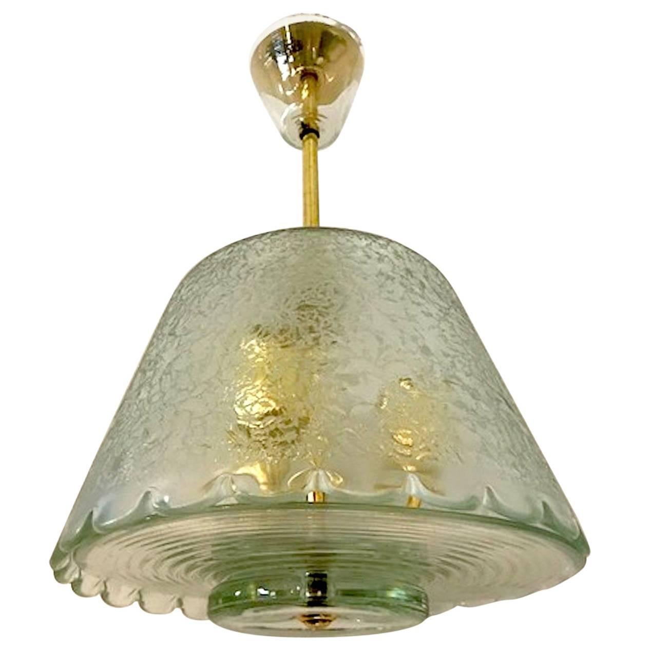 Italian 1940s Acid Etched Glass and Brass Pendant Light