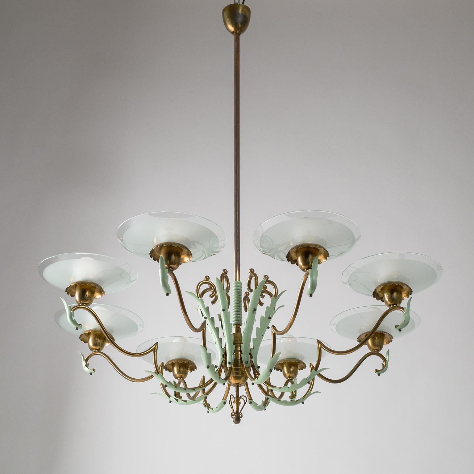 Rare Italian Art Deco eight-arm chandelier from the 1940s by Strada Milano. Elaborately curved brass arms are decorated with mint lacquered leaf-like details. Each arm culminates in a floral brass socket cover with a partially frosted glass dish.