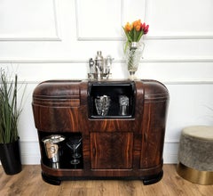 Italian 1940s Art Deco Mid-Century Walnut Burl and Mirror Mosaic Dry Bar Cabinet