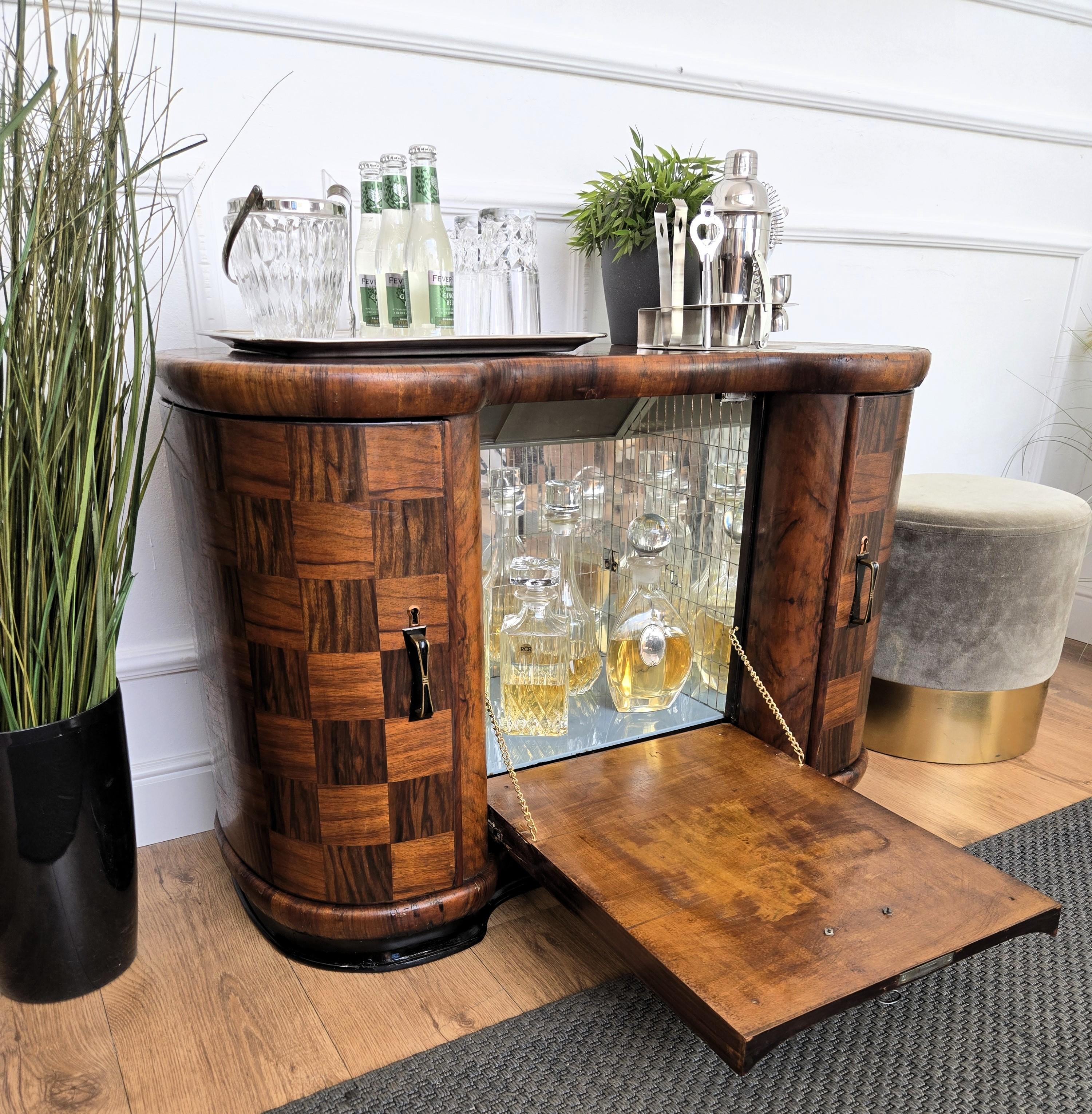 20th Century Italian 1940s Art Deco Mid-Century Walnut Burl and Mirror Mosaic Dry Bar Cabinet For Sale