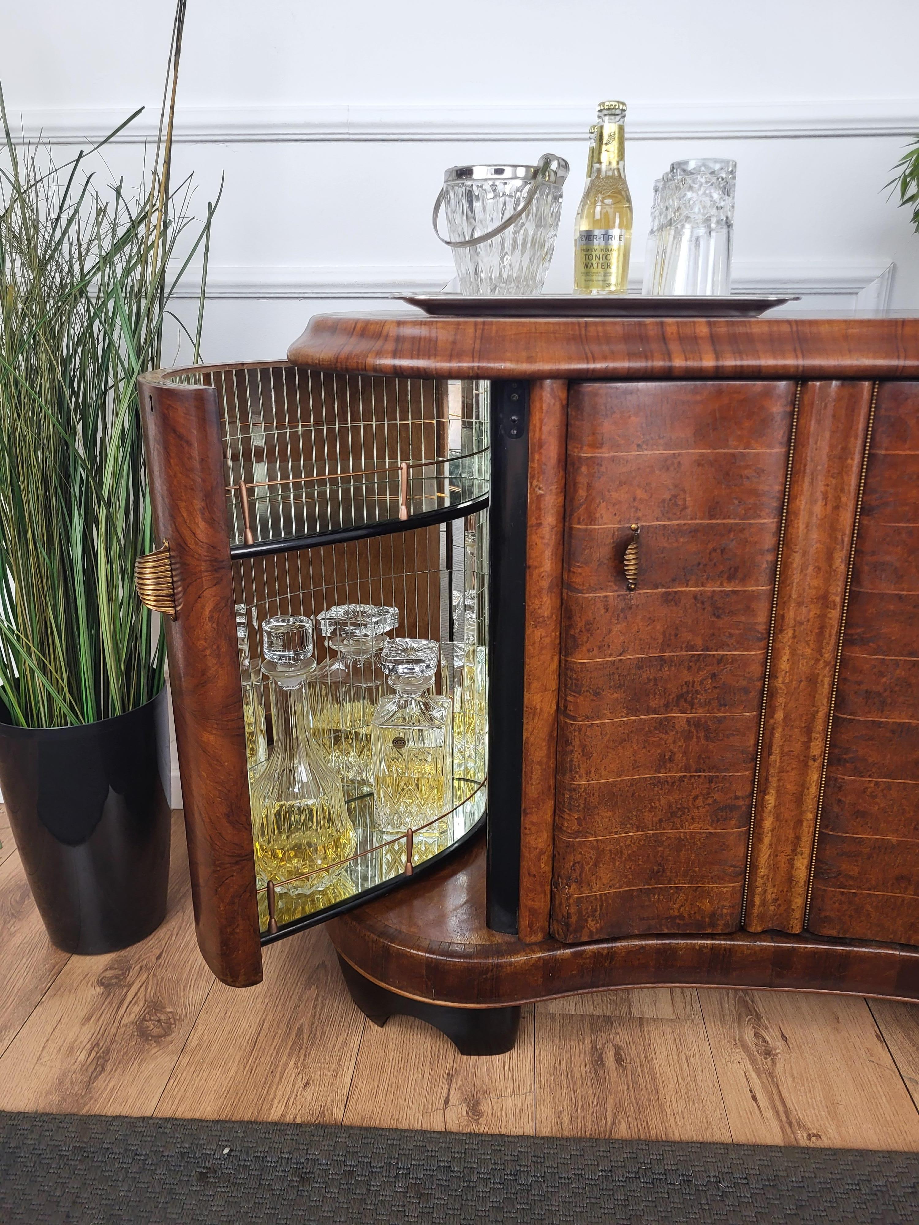 Brass Italian 1940s Art Deco Mid-Century Walnut Burl and Mirror Mosaic Dry Bar Cabinet