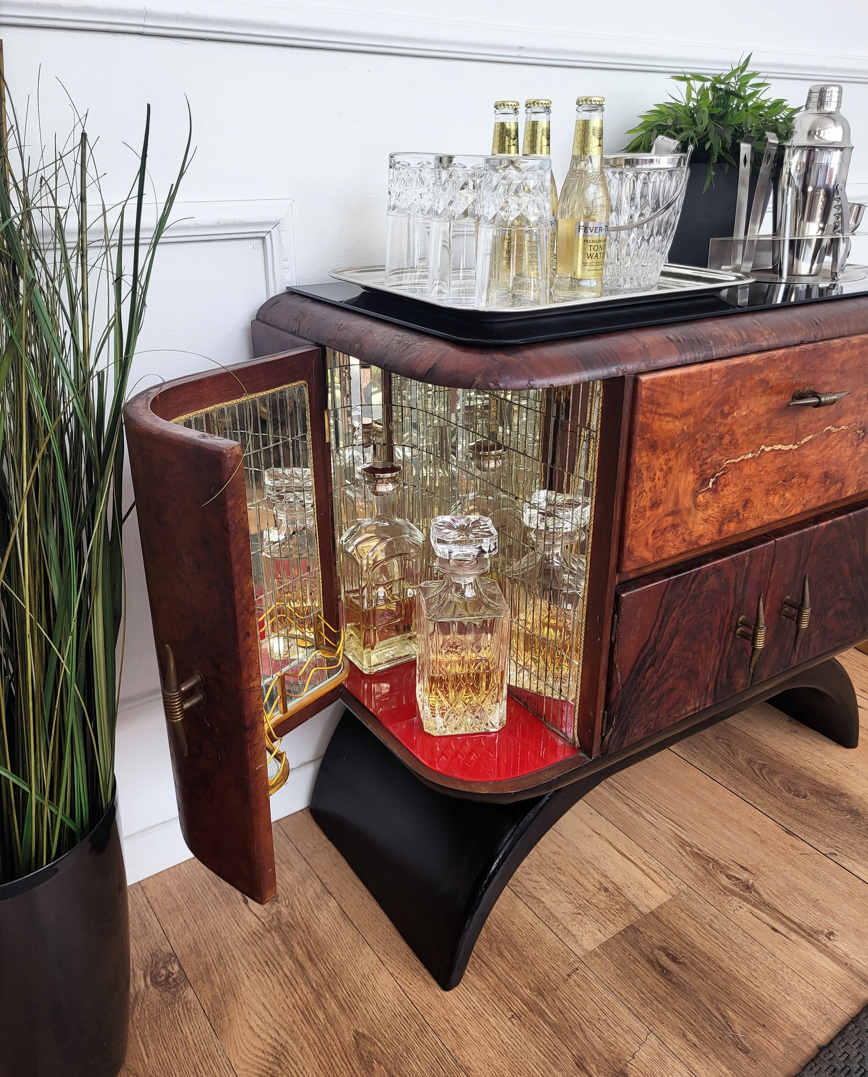 20th Century Italian 1940s Art Deco Mid-Century Walnut Burl and Mirror Mosaic Dry Bar Cabinet