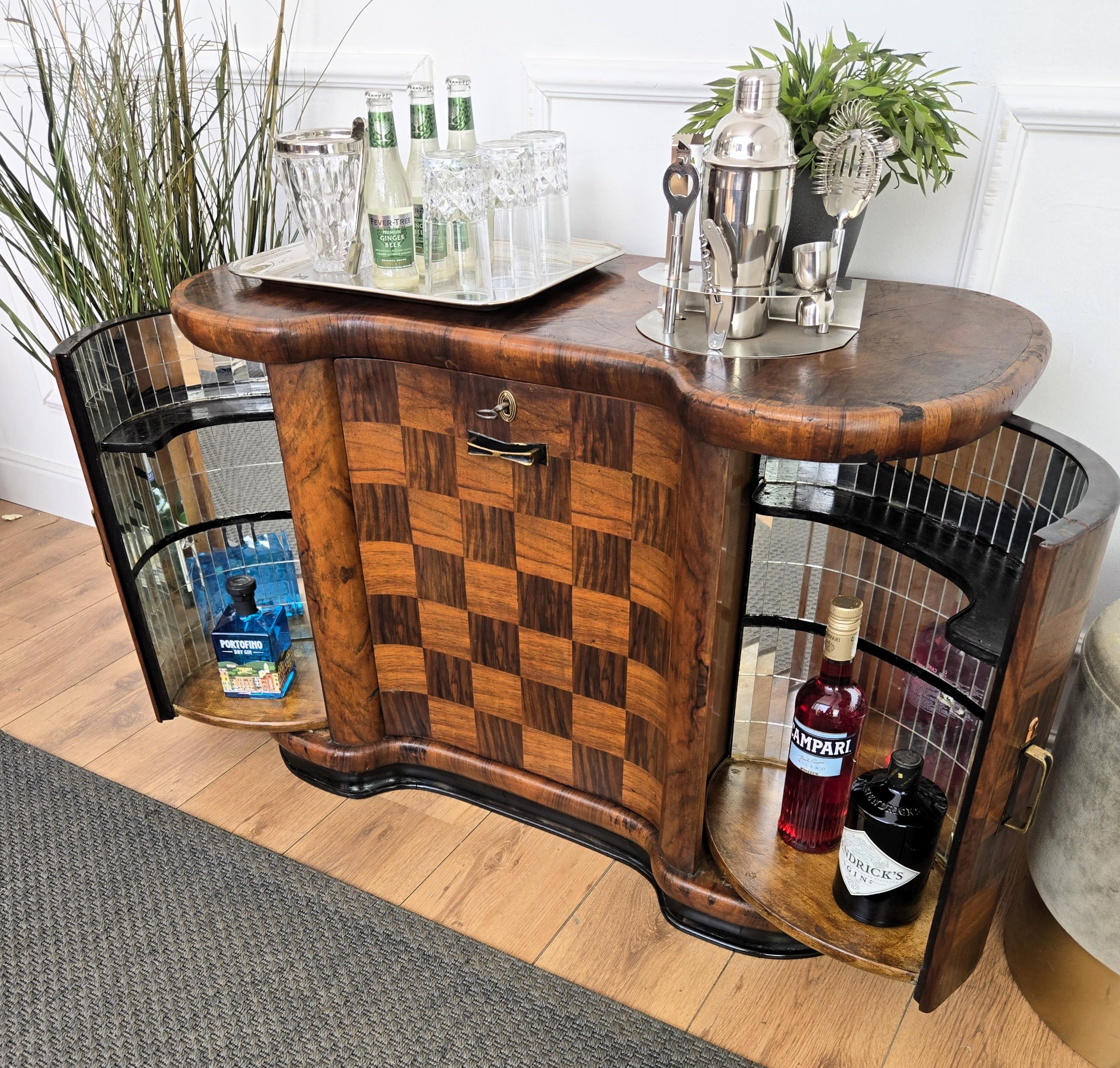 Brass Italian 1940s Art Deco Mid-Century Walnut Burl and Mirror Mosaic Dry Bar Cabinet For Sale