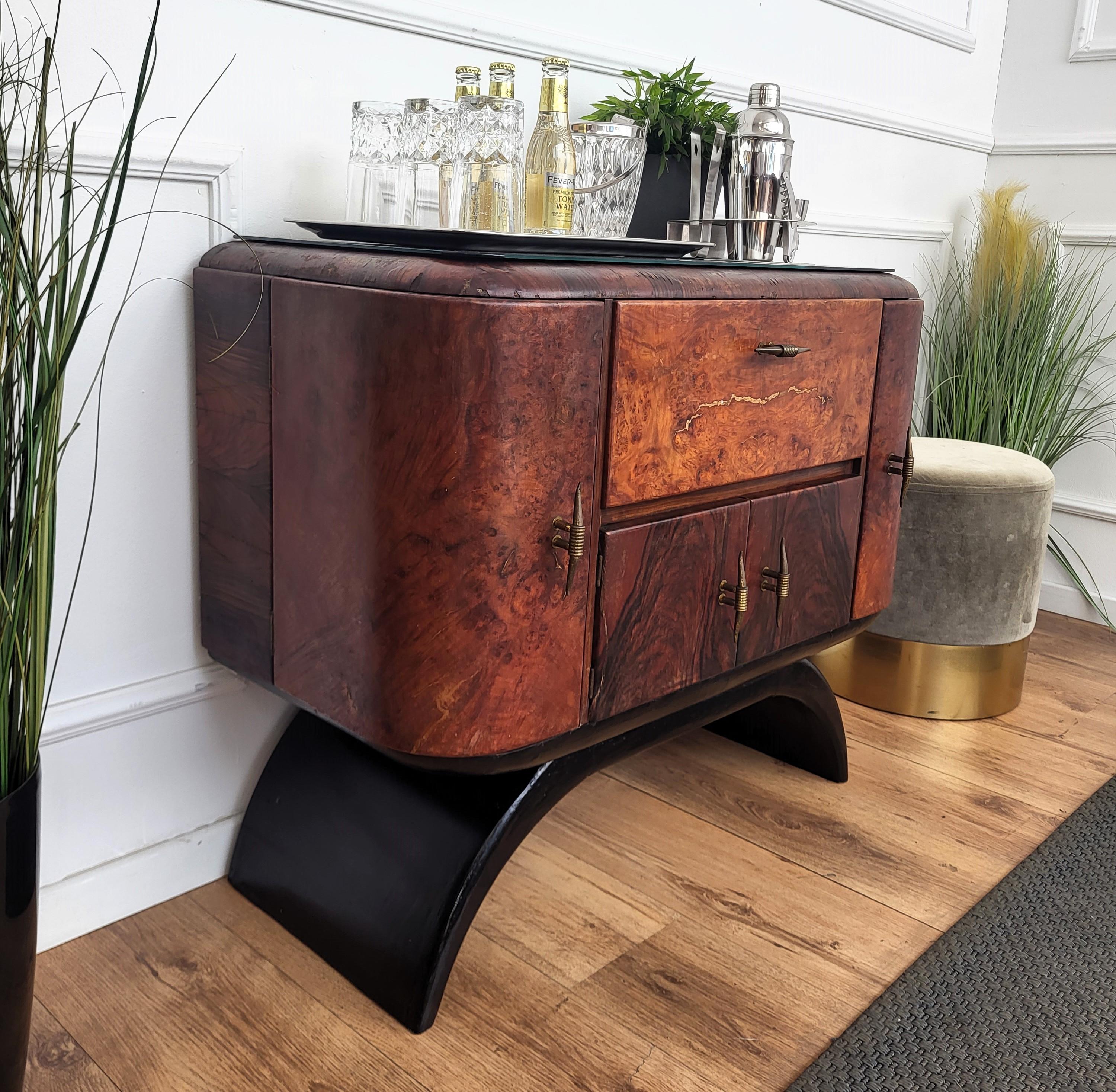 Brass Italian 1940s Art Deco Mid-Century Walnut Burl and Mirror Mosaic Dry Bar Cabinet