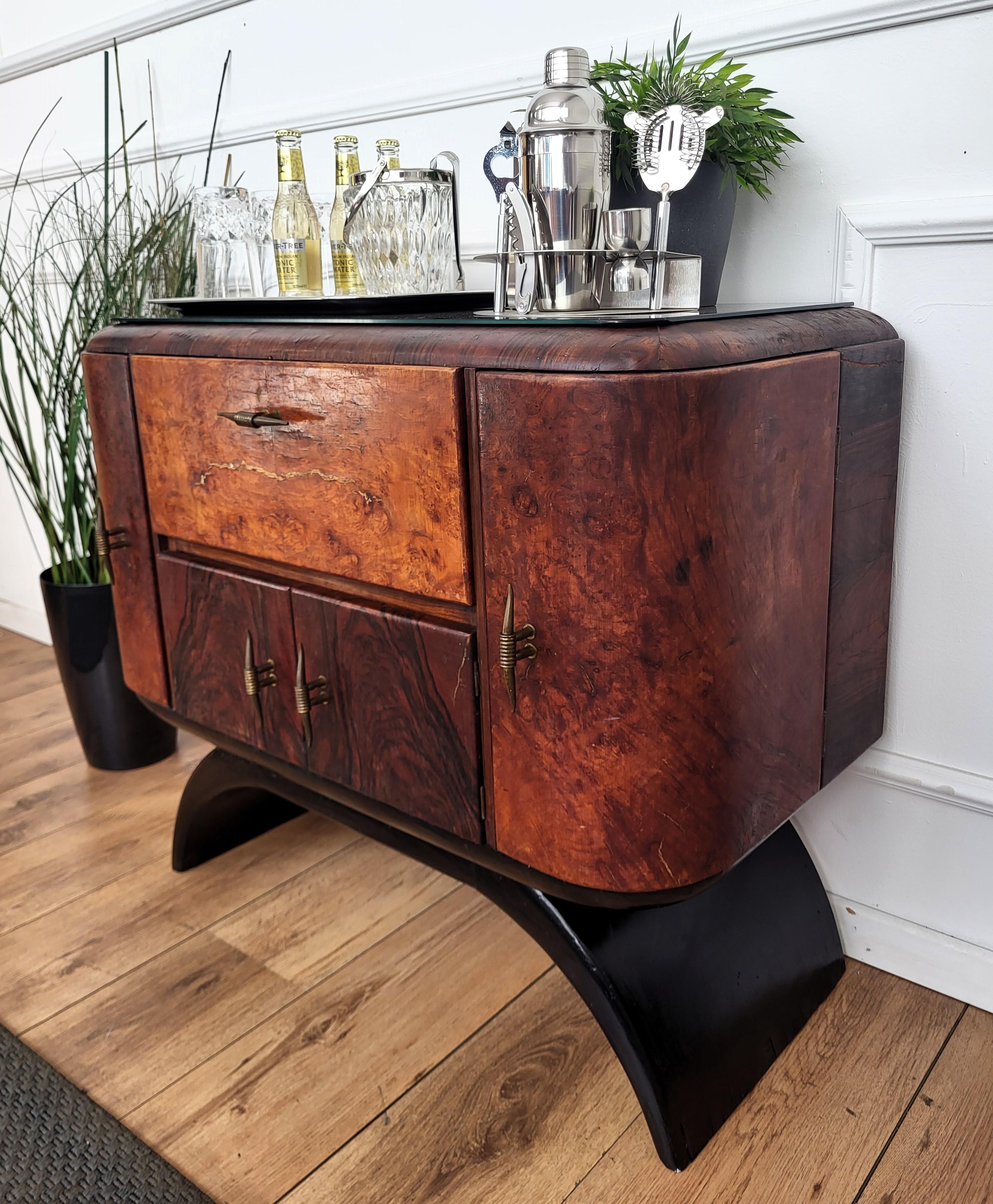 Italian 1940s Art Deco Mid-Century Walnut Burl and Mirror Mosaic Dry Bar Cabinet 1
