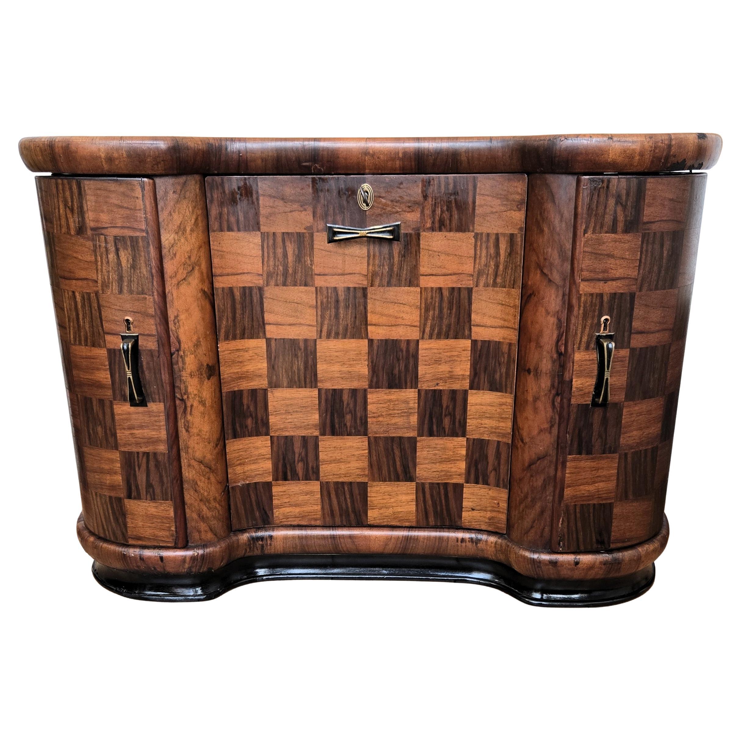 Italian 1940s Art Deco Mid-Century Walnut Burl and Mirror Mosaic Dry Bar Cabinet For Sale