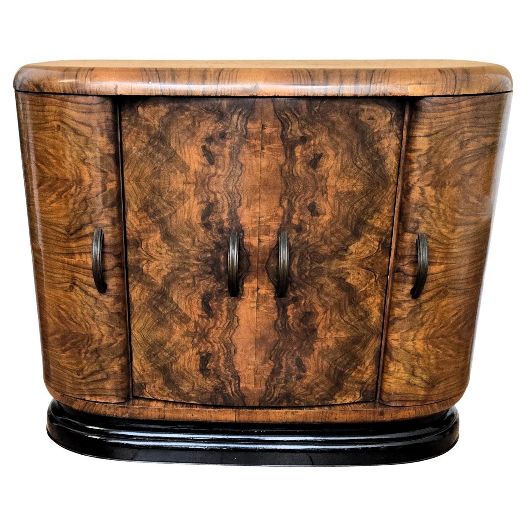 Italian 1940s Art Deco Mid-Century Walnut Burl and Mirror Mosaic Dry Bar Cabinet