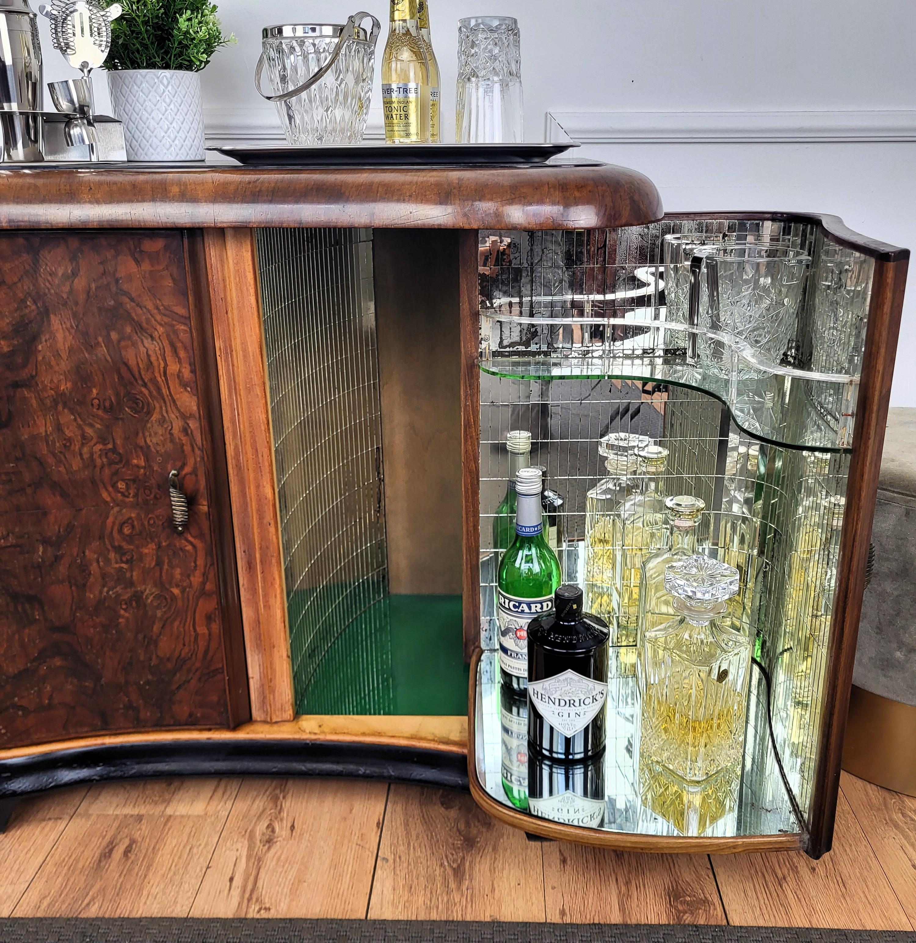 Brass Italian 1940s Art Deco Midcentury Burr Walnut and Mirror Mosaic Dry Bar Cabinet