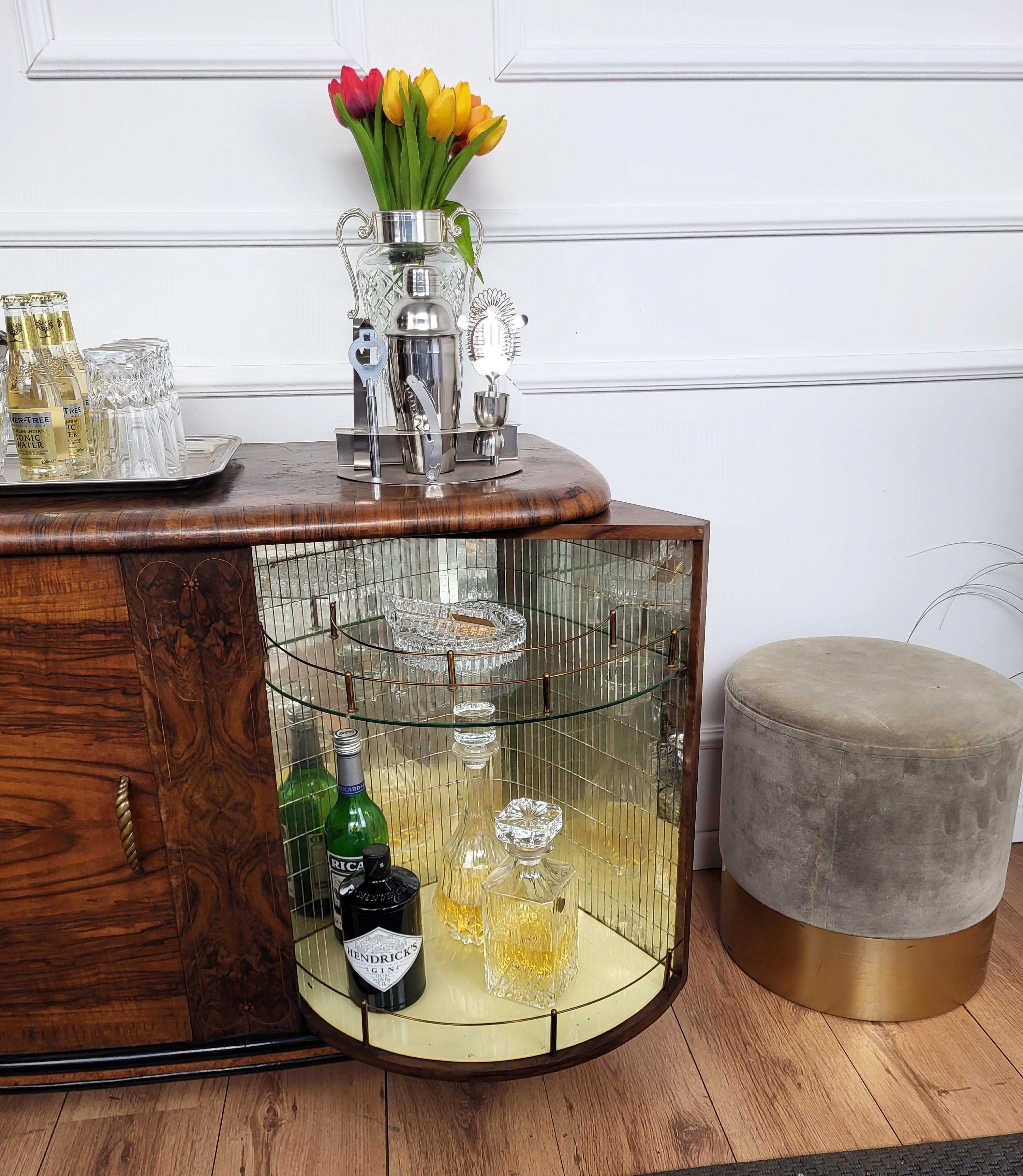 Italian 1940s Art Deco Midcentury Burr Walnut and Mirror Mosaic Dry Bar Cabinet 1