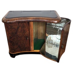 Vintage Italian 1940s Art Deco Midcentury Burr Walnut and Mirror Mosaic Dry Bar Cabinet