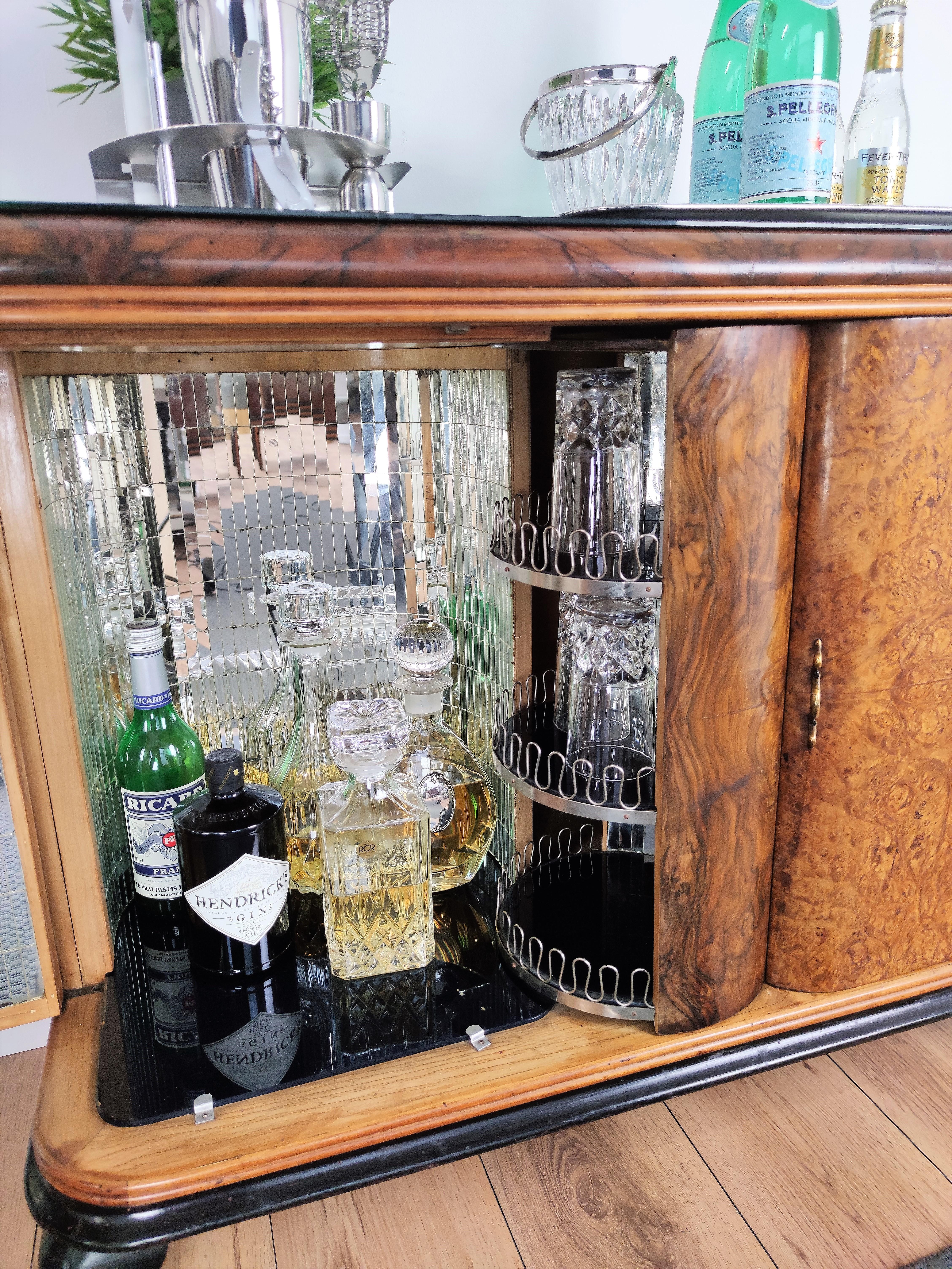 20th Century Italian 1940s Art Deco Midcentury Walnut Burl and Mirror Mosaic Dry Bar Cabinet