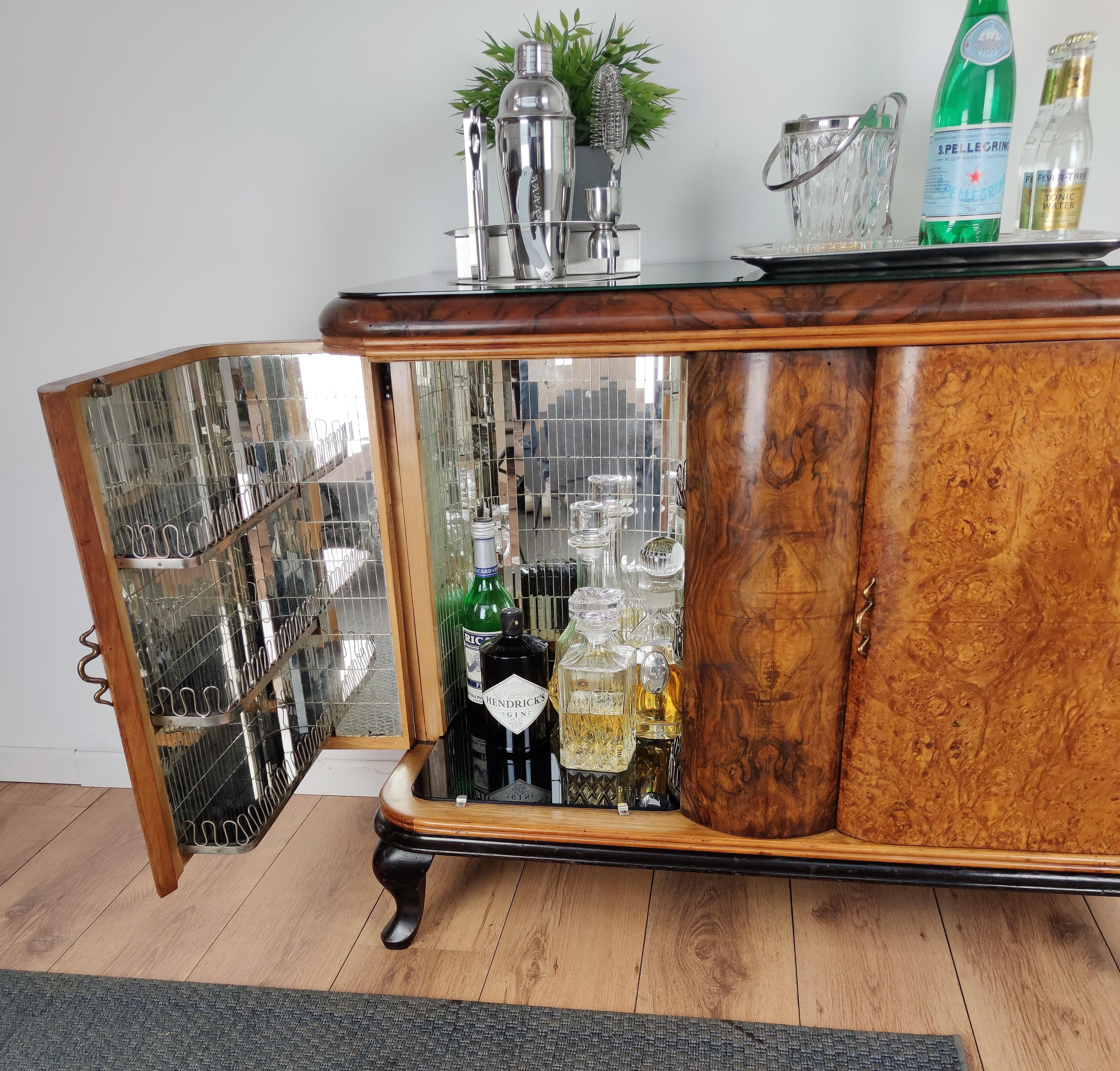 Brass Italian 1940s Art Deco Midcentury Walnut Burl and Mirror Mosaic Dry Bar Cabinet