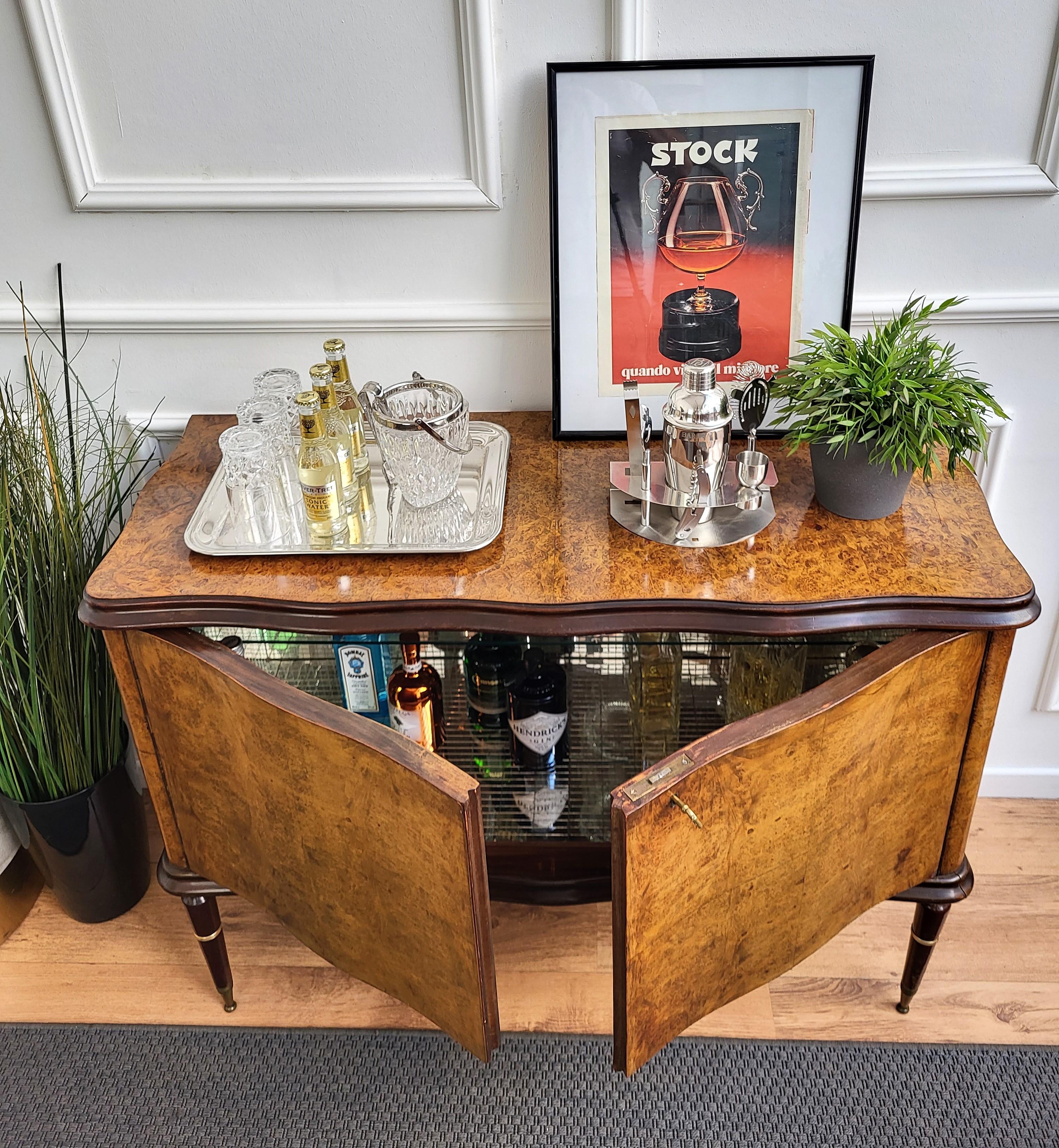 Brass Italian 1940s Art Deco Midcentury Walnut Burl and Mirror Mosaic Dry Bar Cabinet