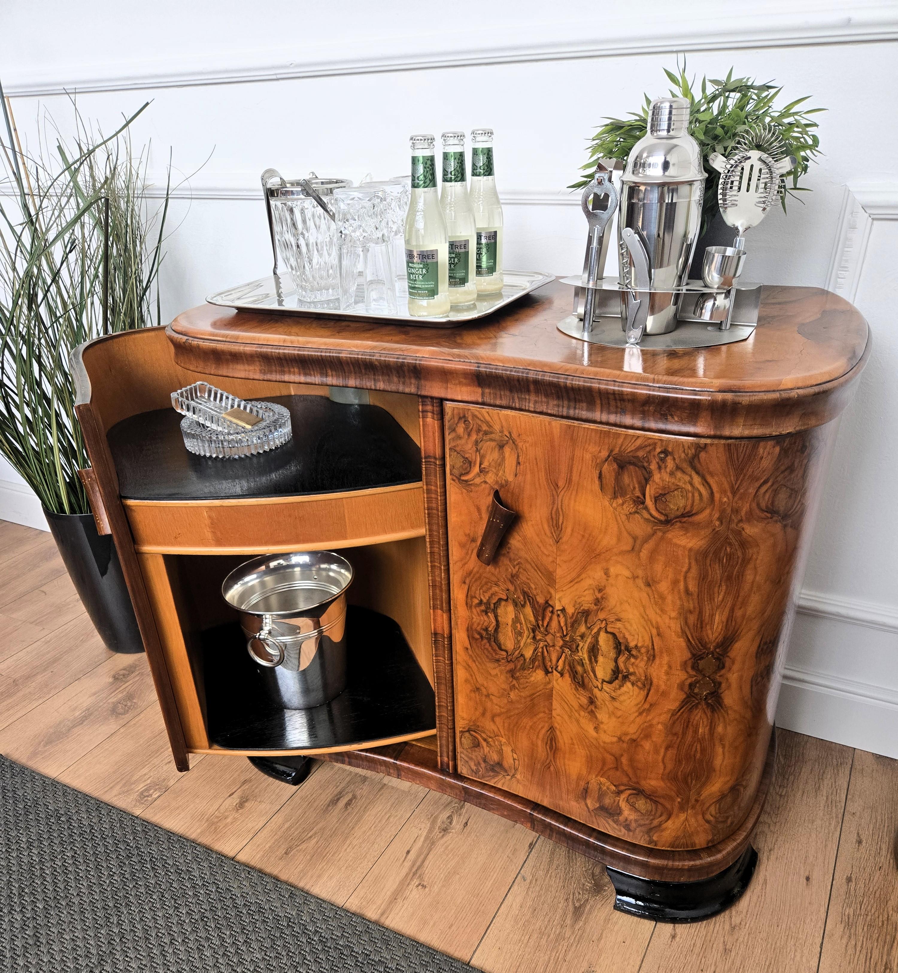 Brass Italian 1940s Art Deco Midcentury Walnut Burl and Mirror Mosaic Dry Bar Cabinet For Sale