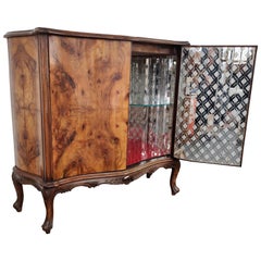 Italian 1940s Art Deco Midcentury Walnut Burl and Mirror Mosaic Dry Bar Cabinet