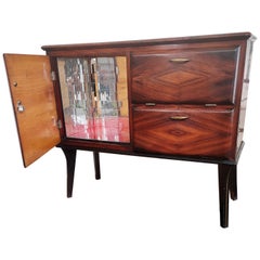 Italian 1940s Art Deco Midcentury Walnut Burl and Mirror Mosaic Dry Bar Cabinet