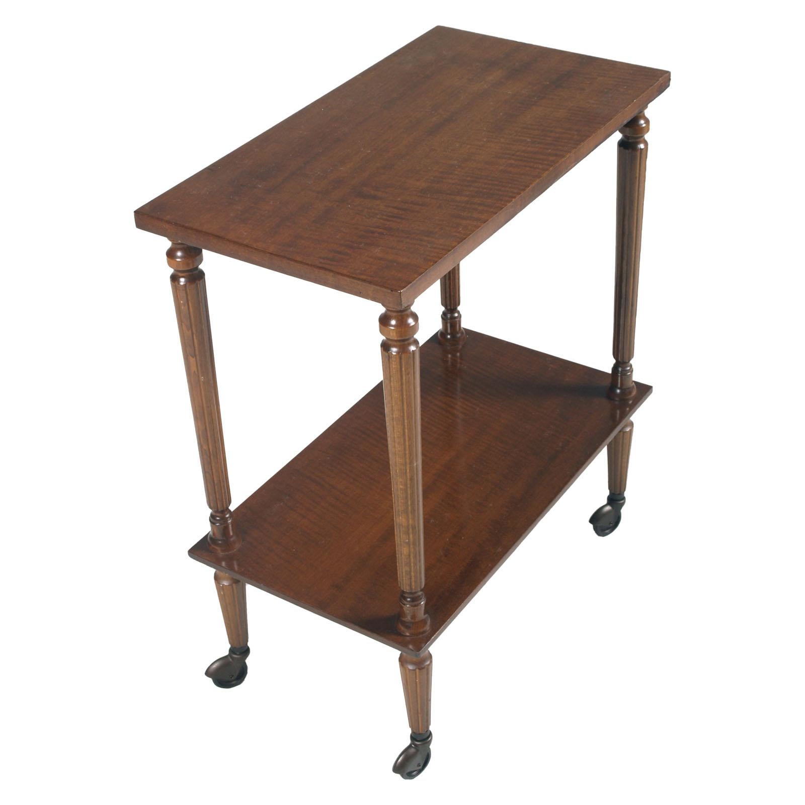 Italian 1940s bar cart, service little table, directory style, with legs in carved massive walnut and tops in veneer walnut, restored and wax-polished.

Measures cm: H 71, W 60, D 34 (H shelves 46cm).
