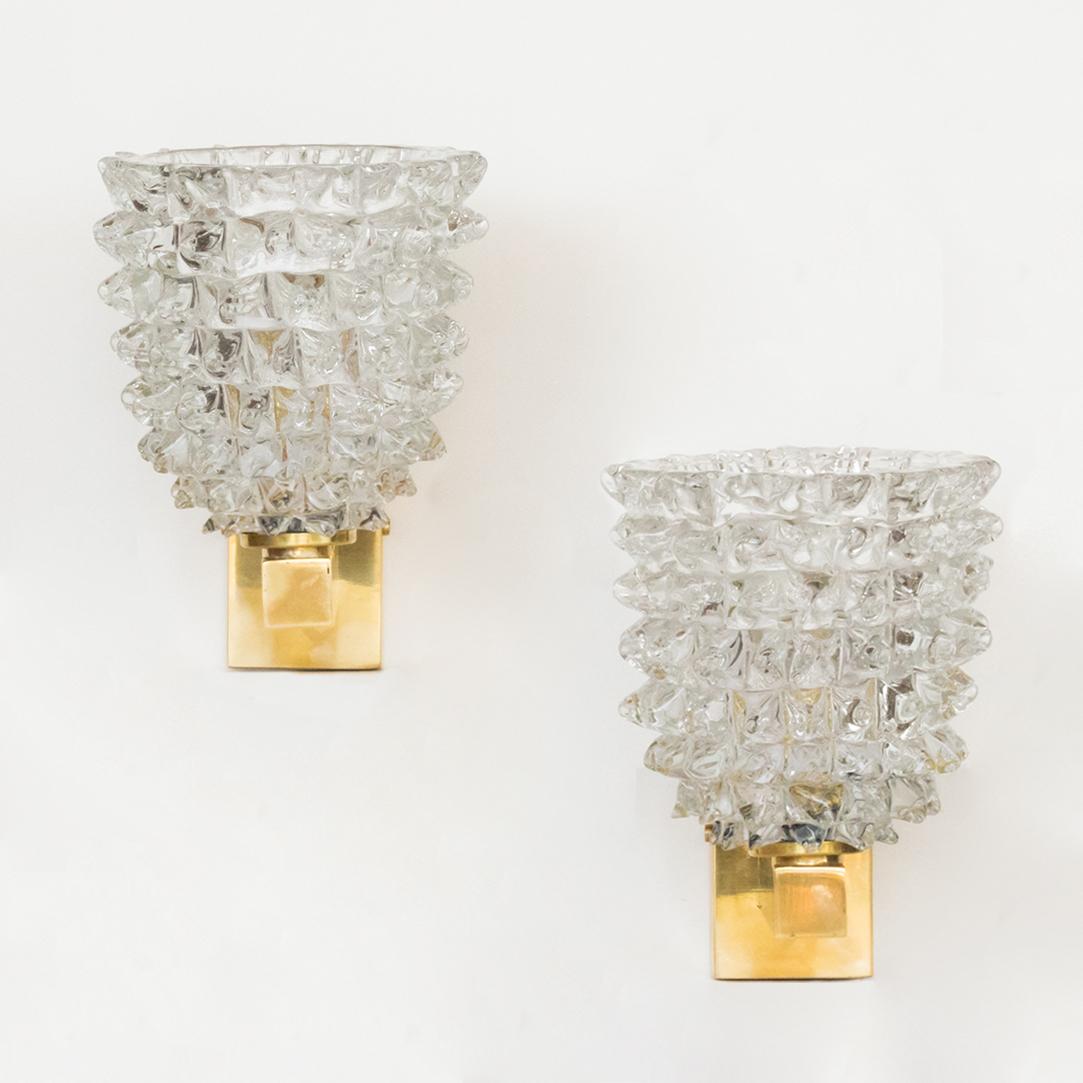 Beautiful pair of Barovier sconces with clear spikey glass. Brass fixture is new with new wiring. Glass it original from Italy, 1940's. 

Backplate measures 3