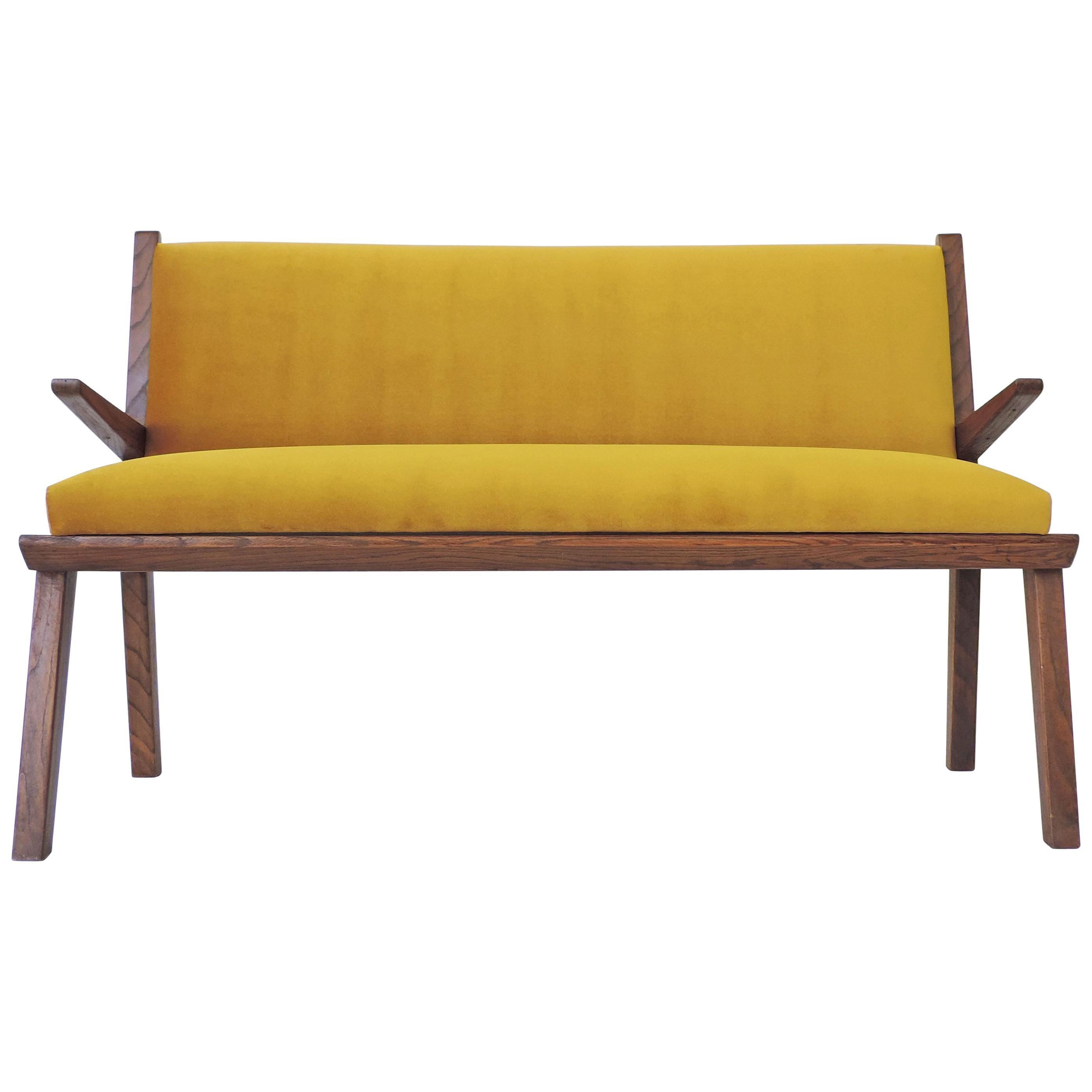 Italian 1940s Bench in Wood and Yellow Velvet Upholstery
