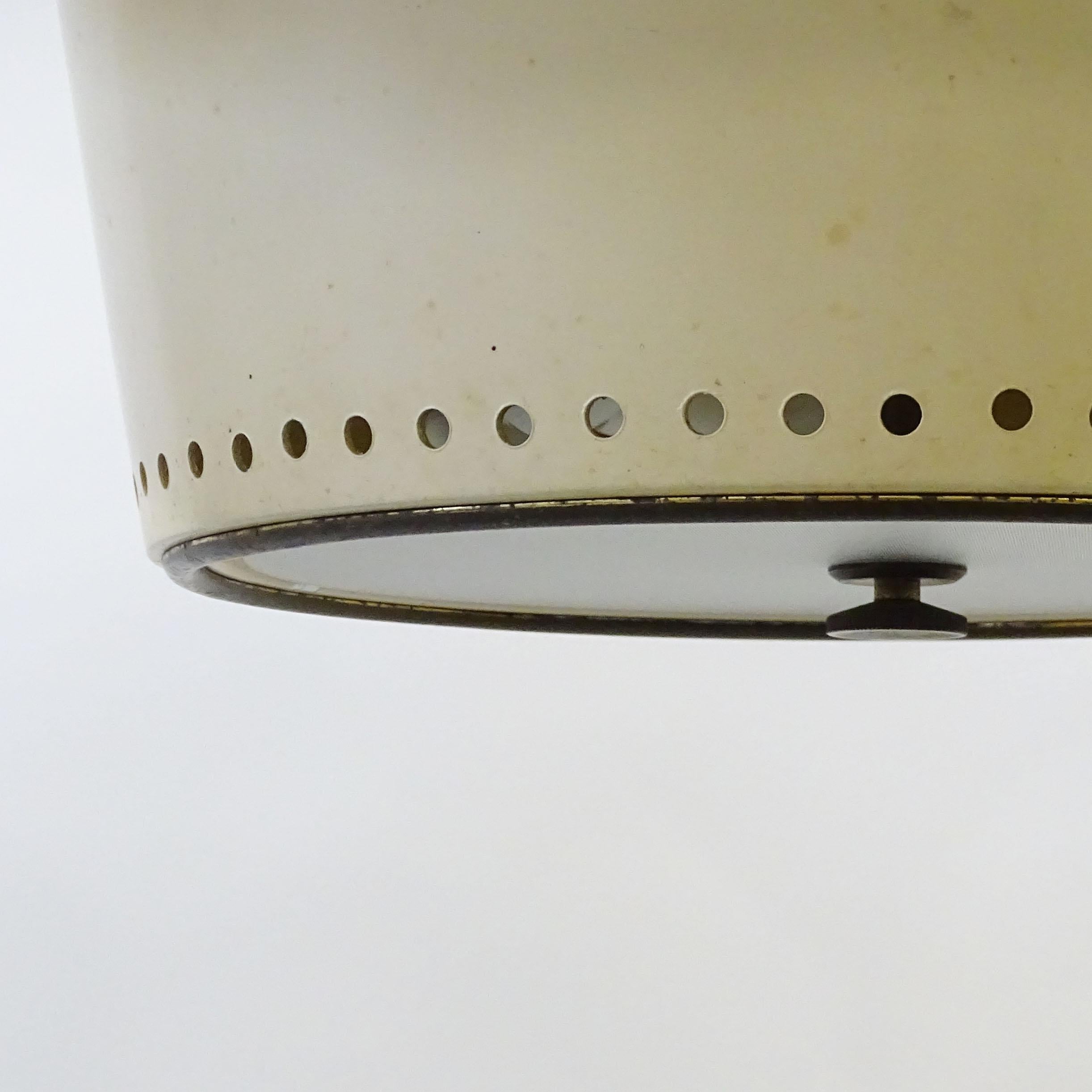 Aluminum Italian 1940s Brass and Cream Colored Flush Mount Ceiling Lamp For Sale