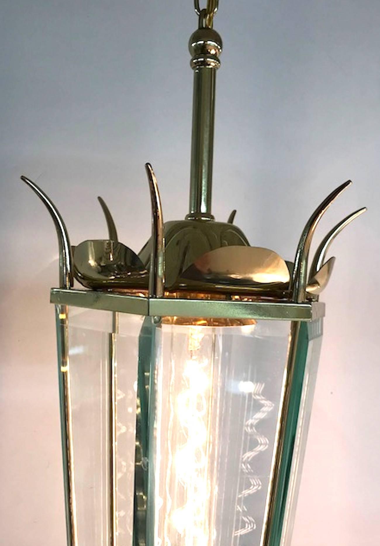 Italian 1940s Brass and Glass 6 Sided Lantern For Sale 2
