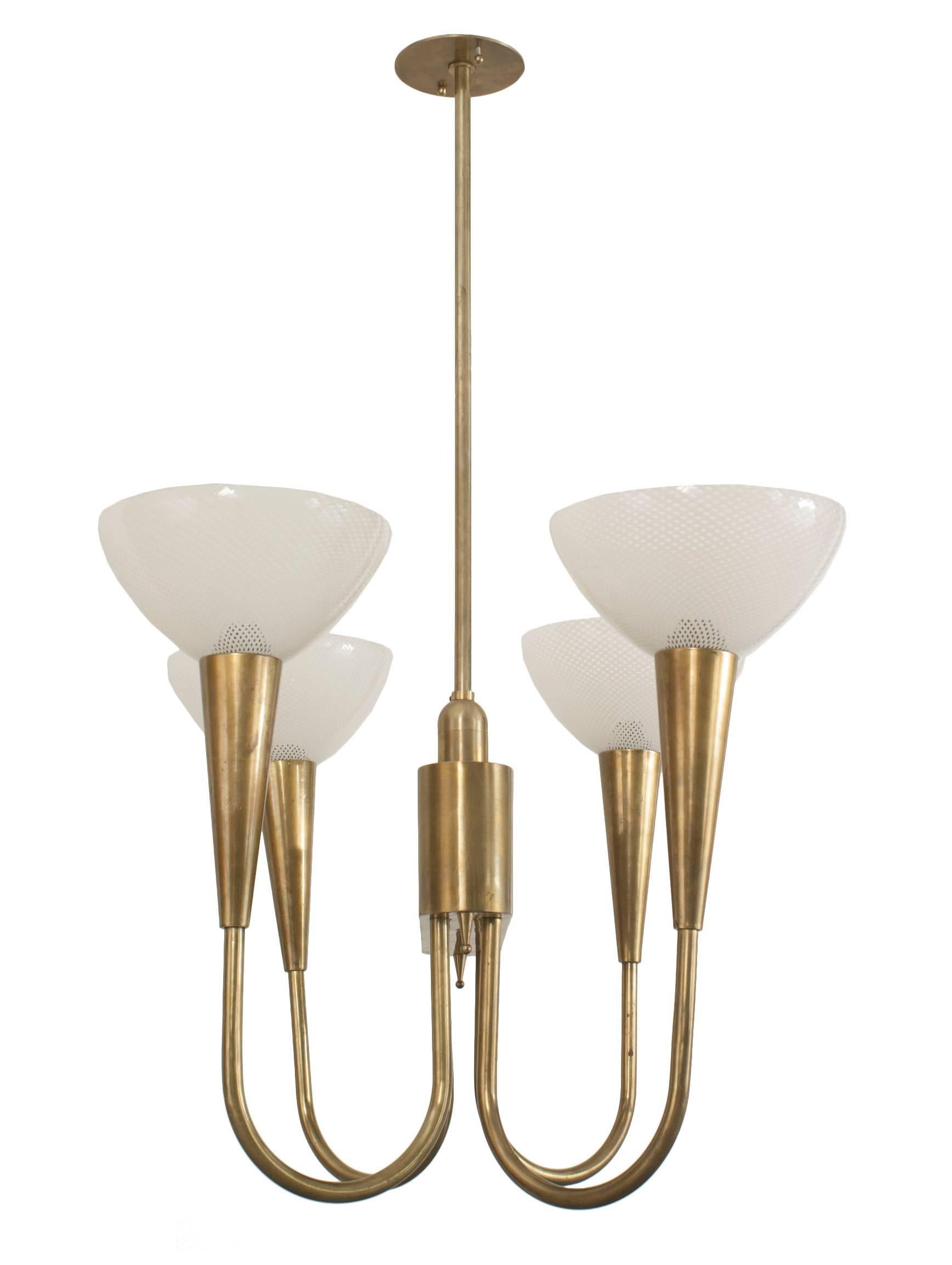 Italian mid-century (1940s) brass chandelier with an rectangular center having 4 pivoting upright arms hold large glass shades with a white and clear weave design (Paolo Venini).
 