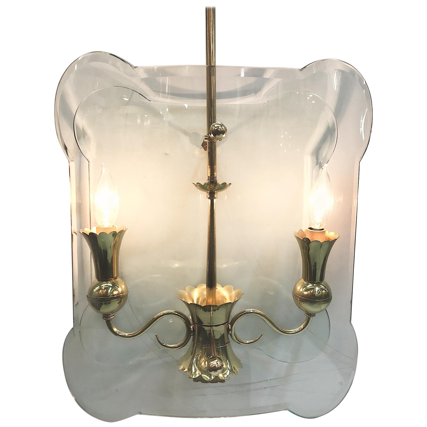 Italian 1940s Brass with Glass Panels Lantern / Pendant Light