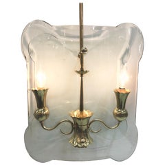 Italian 1940s Brass with Glass Panels Lantern / Pendant Light