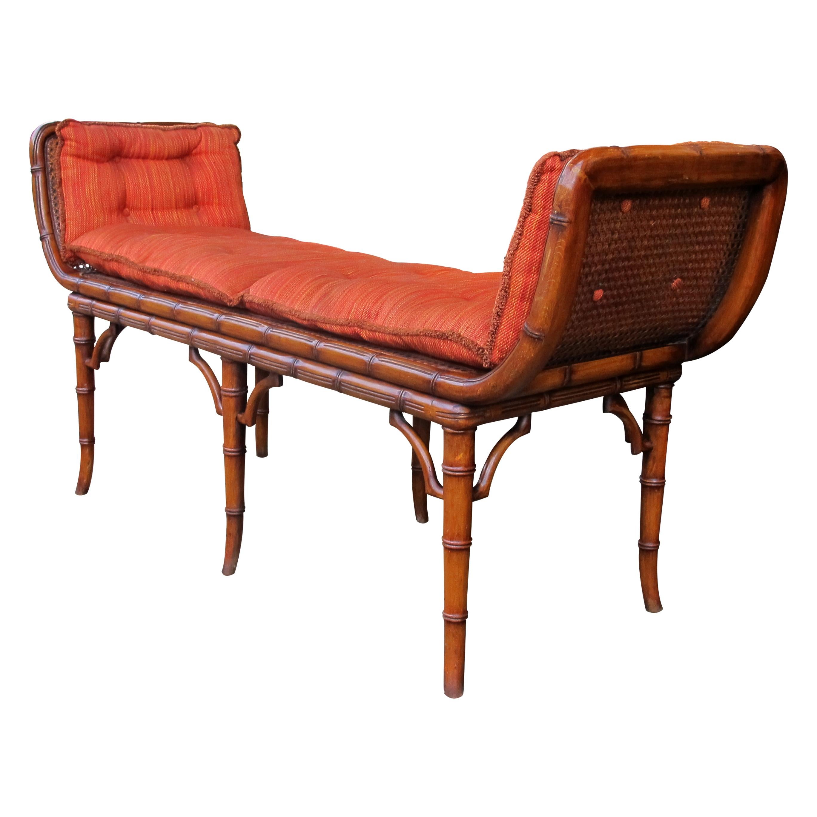 Art Deco Italian 1940s Cane and Faux Bamboo Frame Bench with its Original Upholstery For Sale