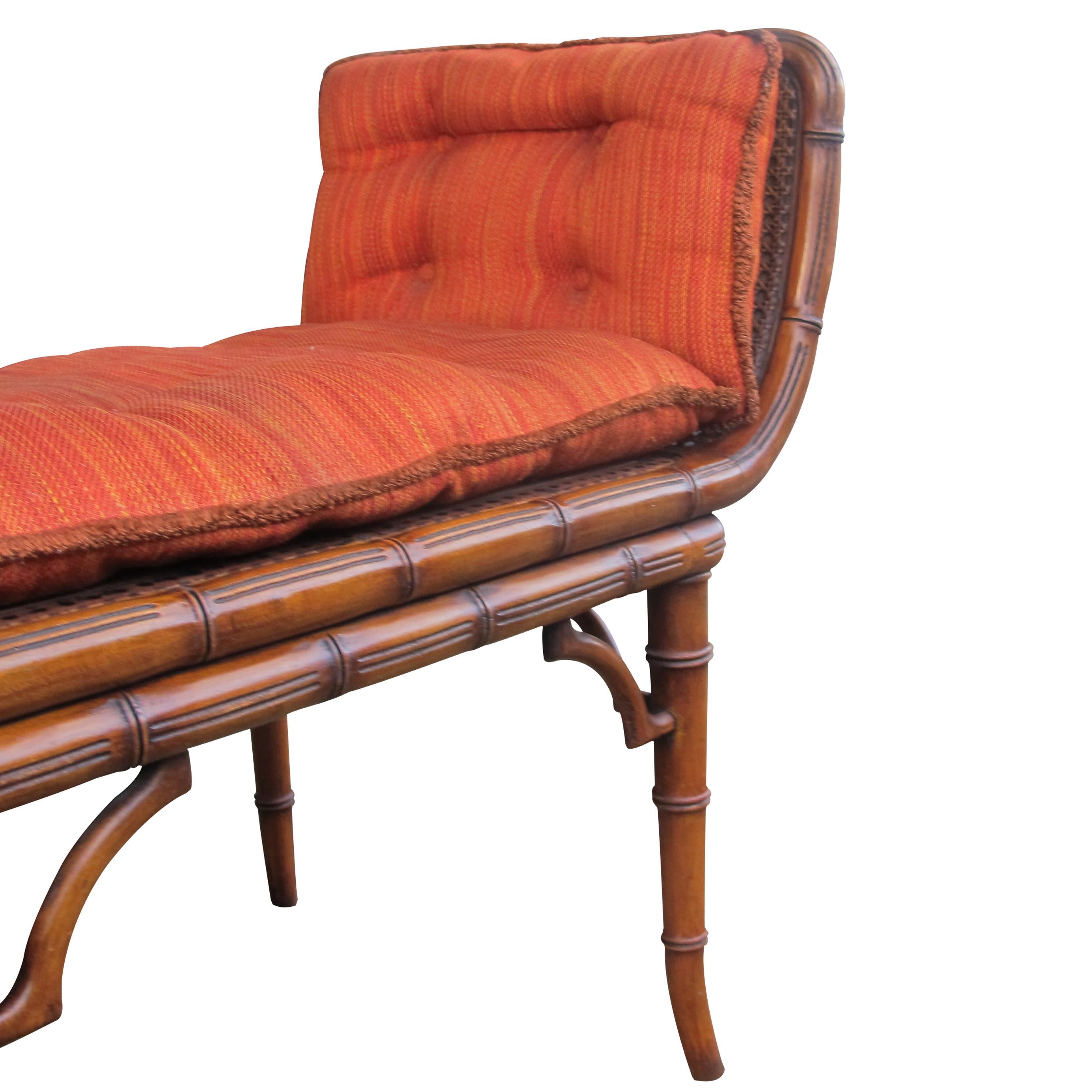 Other Italian 1940s Cane and Faux Bamboo Frame Bench with its Original Upholstery For Sale