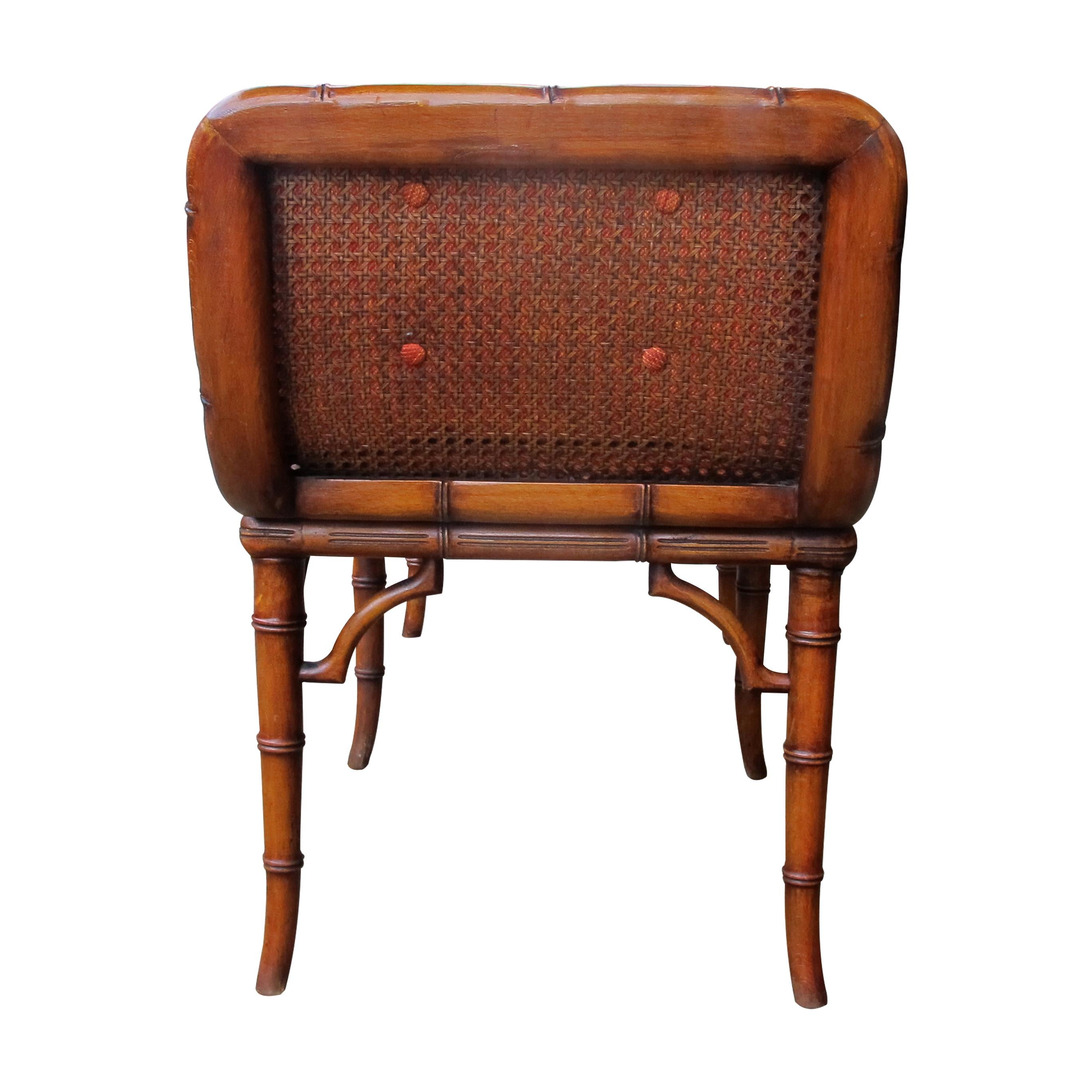 Italian 1940s Cane and Faux Bamboo Frame Bench with its Original Upholstery In Good Condition For Sale In London, GB
