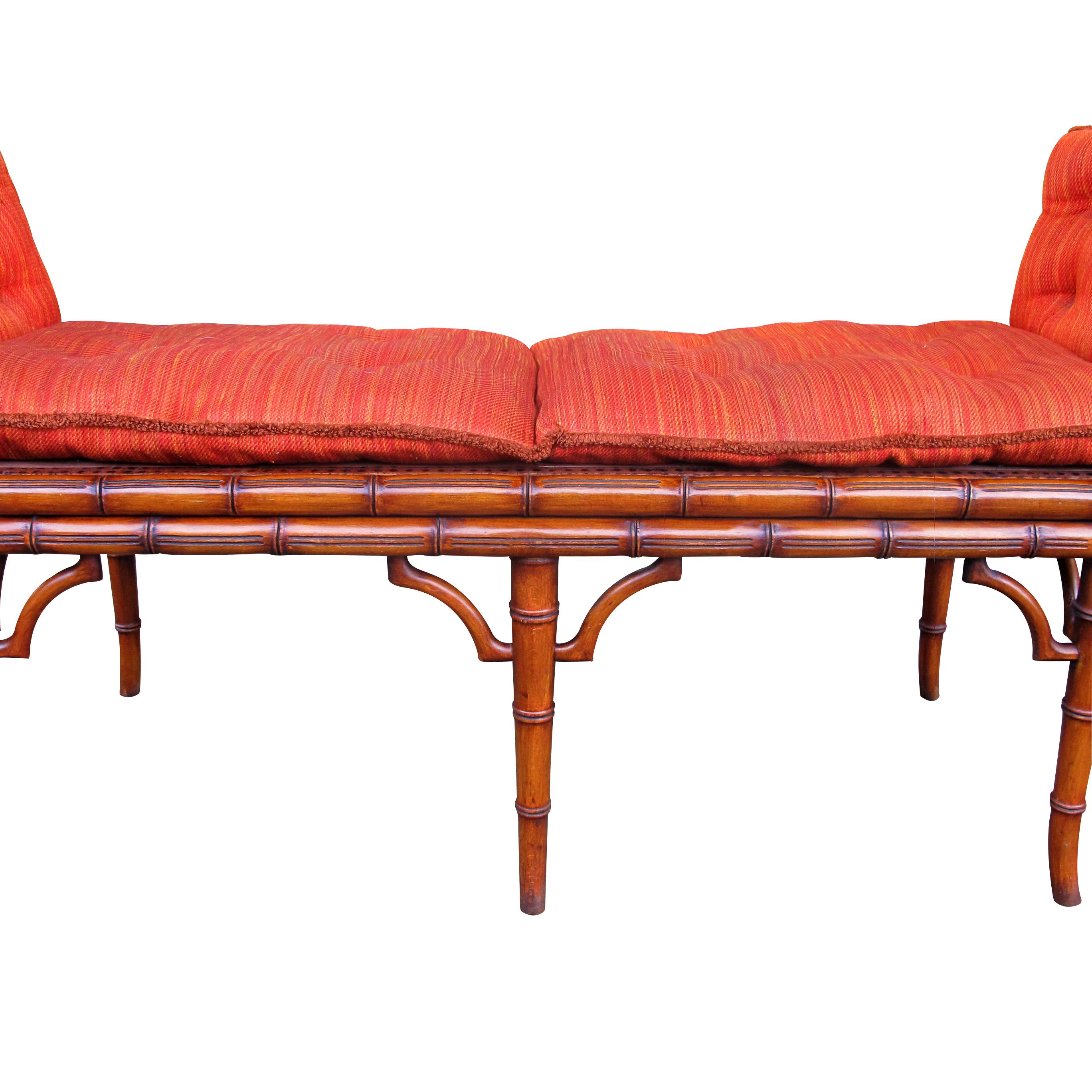 Mid-20th Century Italian 1940s Cane and Faux Bamboo Frame Bench with its Original Upholstery For Sale