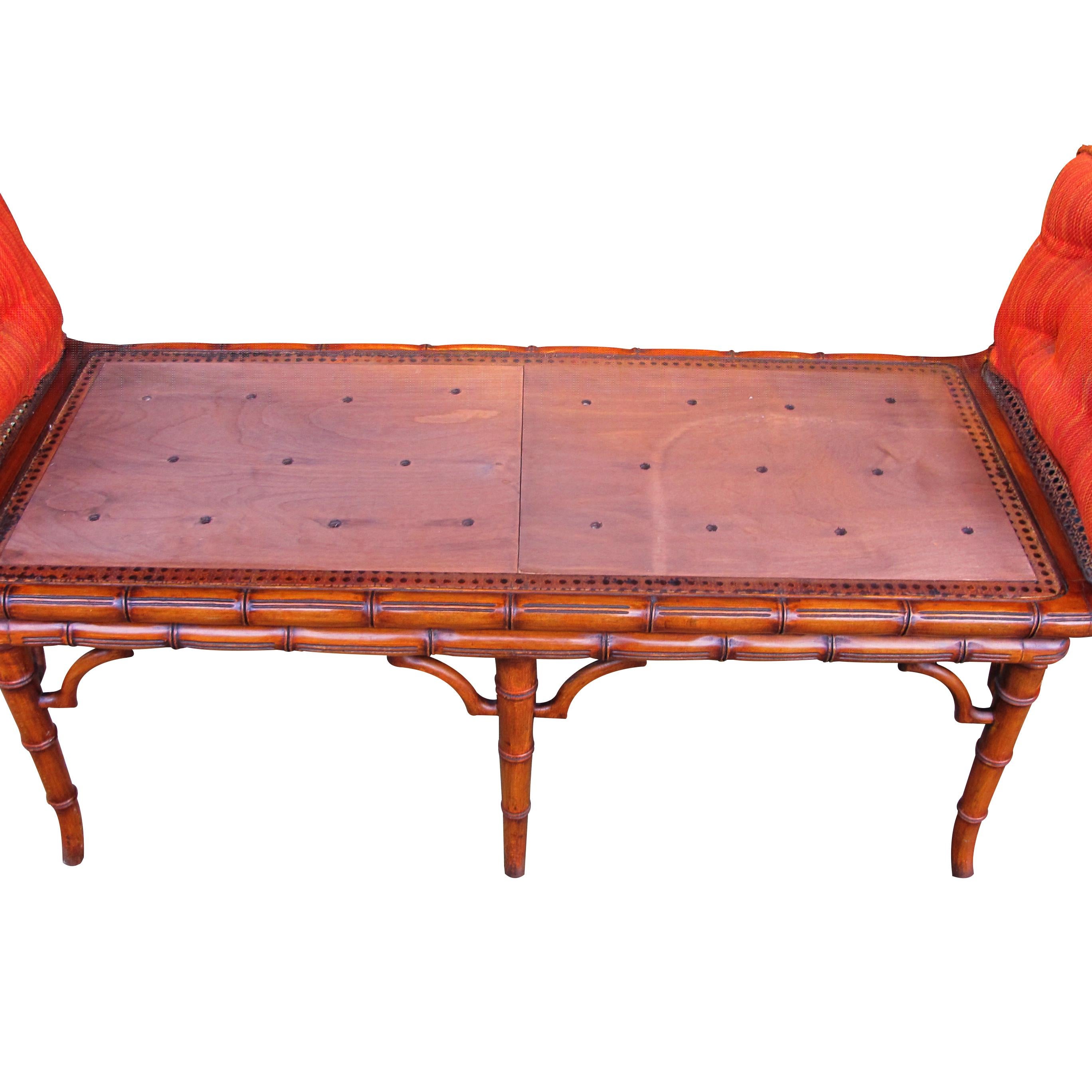 Fabric Italian 1940s Cane and Faux Bamboo Frame Bench with its Original Upholstery For Sale