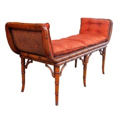 Vintage Italian 1940s Cane and Faux Bamboo Frame Bench with its Original Upholstery