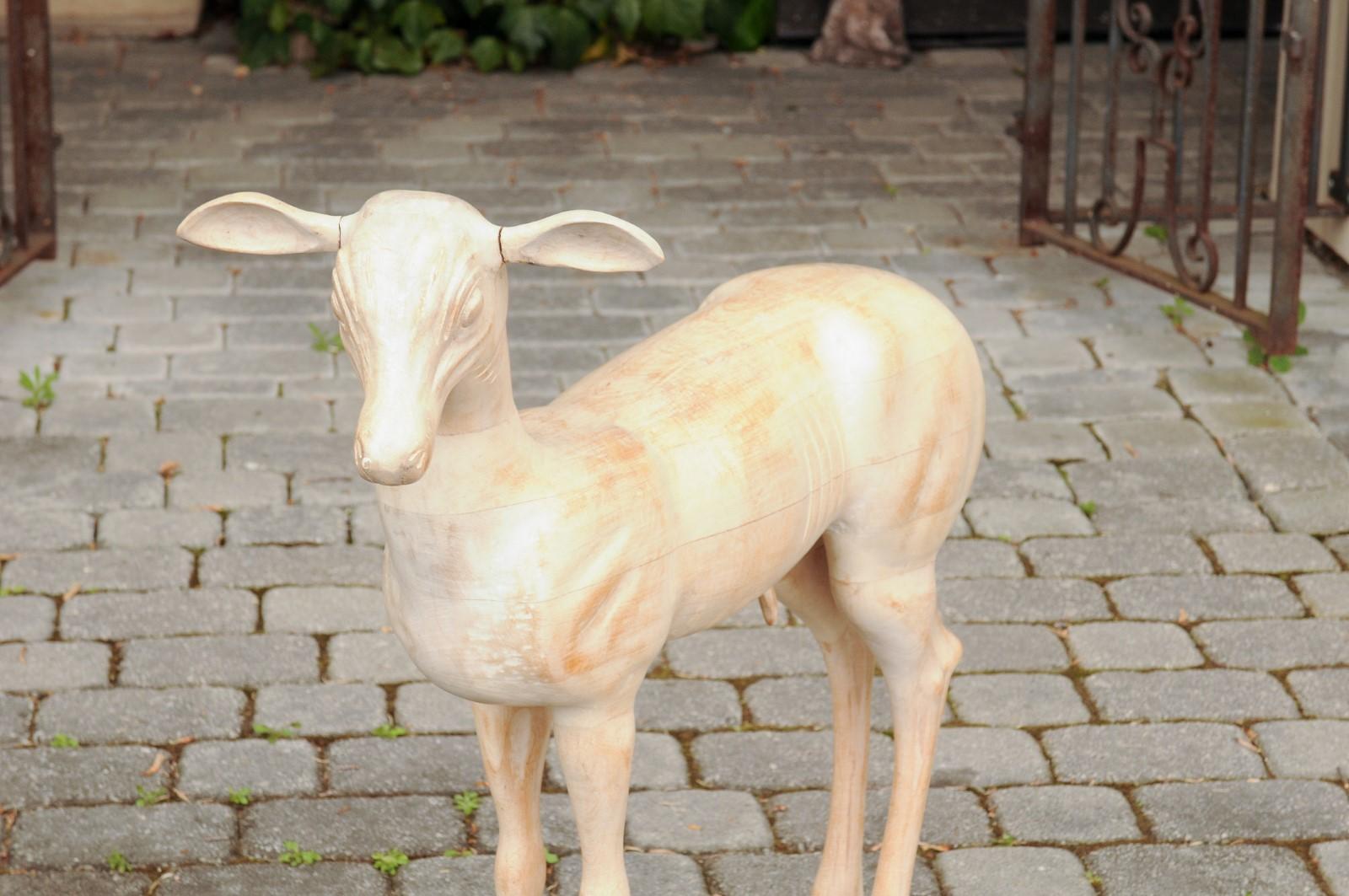 Italian 1940s Carved Wooden Cream Colored Pompeian Style Deer Mounted on Base In Good Condition In Atlanta, GA