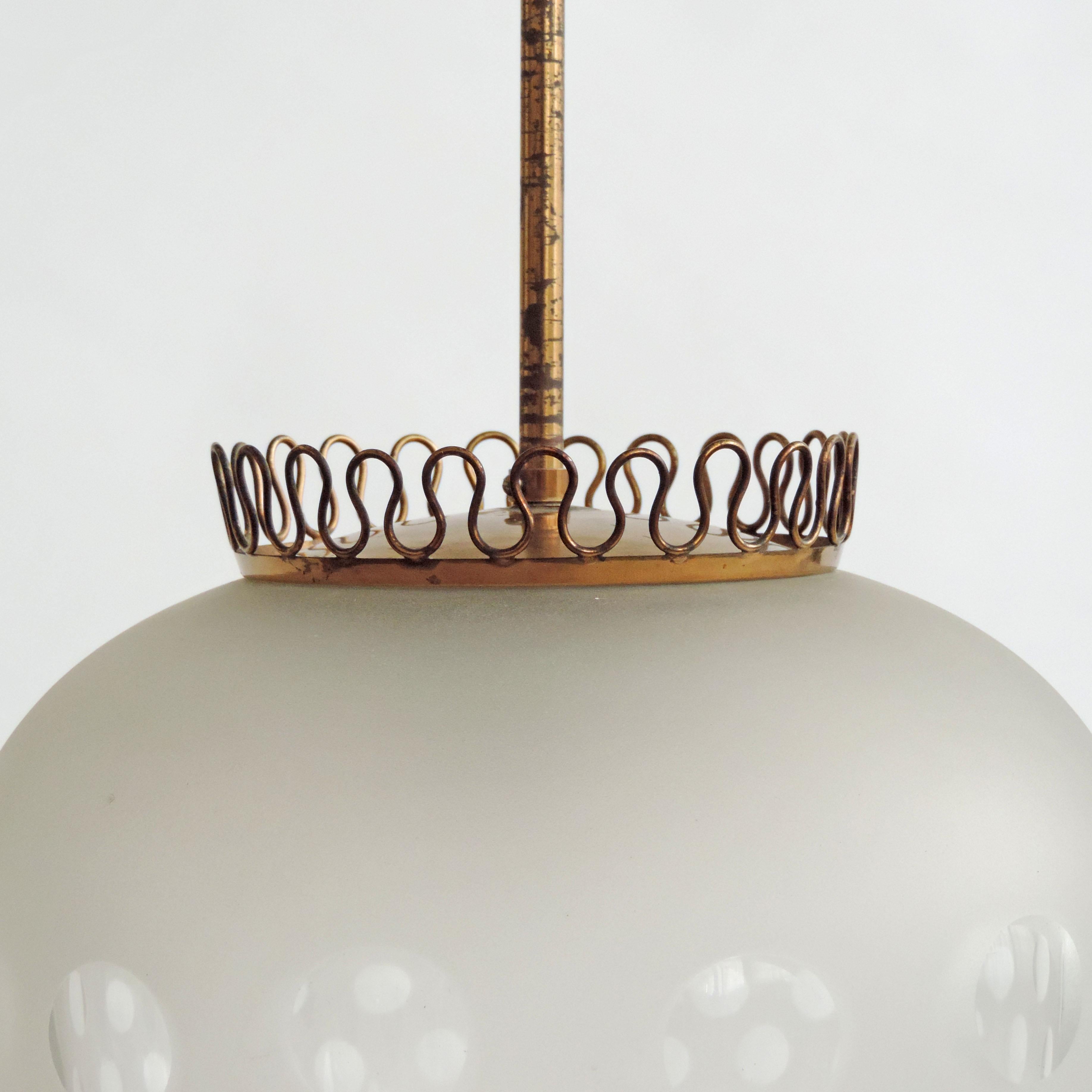 Mid-Century Modern Italian 1940s Ceiling Lamp in Glass and Brass